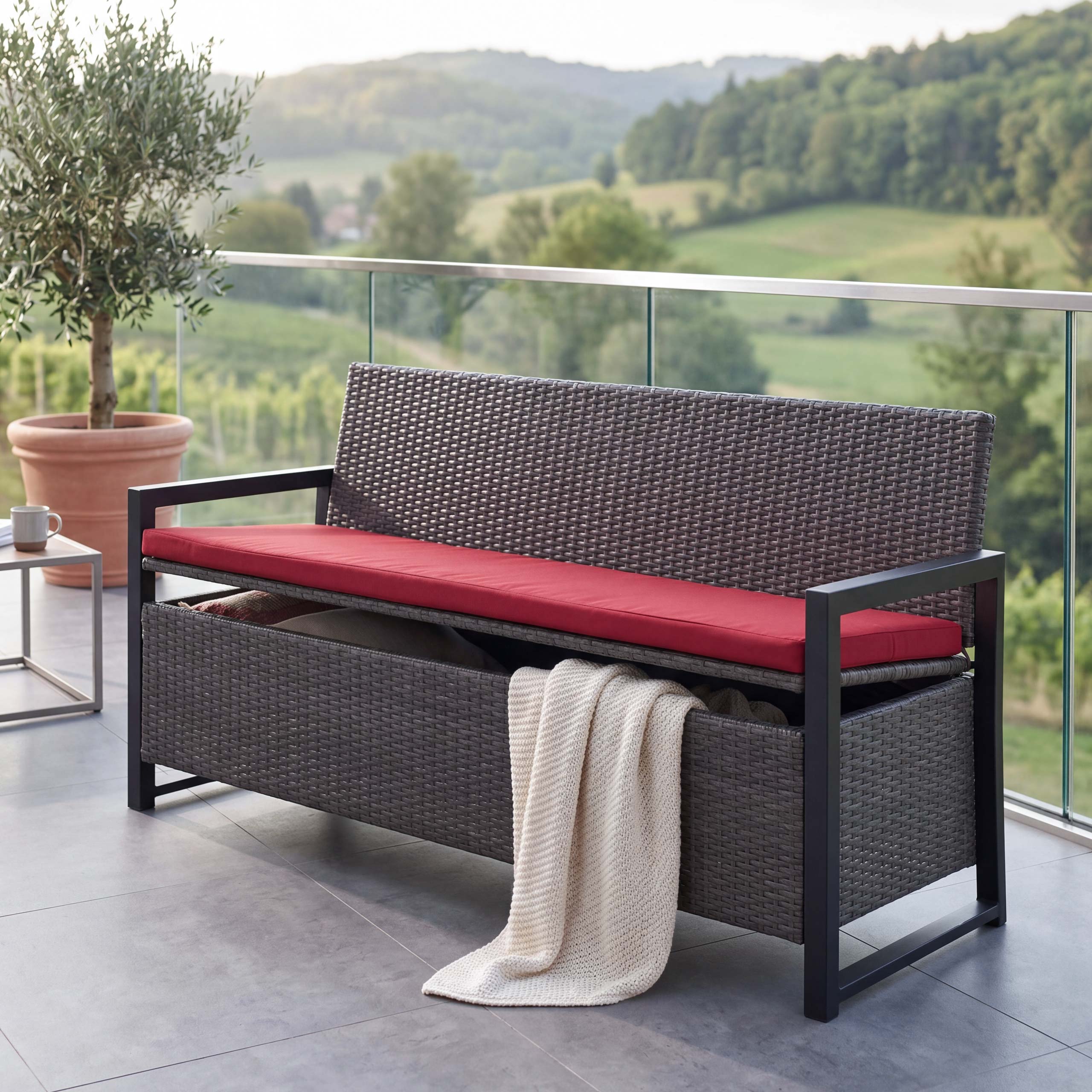 Poly-Rattan 3er Sitzbank MCW-F39, Gartenbank Truhenbank, Staufach Aufbewahrung Sitzkissen ~ grau, Kissen bordeaux - Bild 1