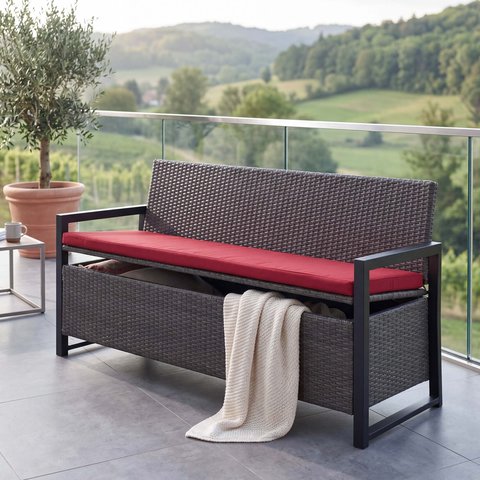 Poly-Rattan 3er Sitzbank -F39, Gartenbank Truhenbank, Staufach Aufbewahrung Sitzkissen ~ grau, Kissen bordeaux