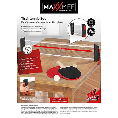Maxxmee Tischtennis Set mit Tischnetz max 1,9 m Schwarz Rot 
