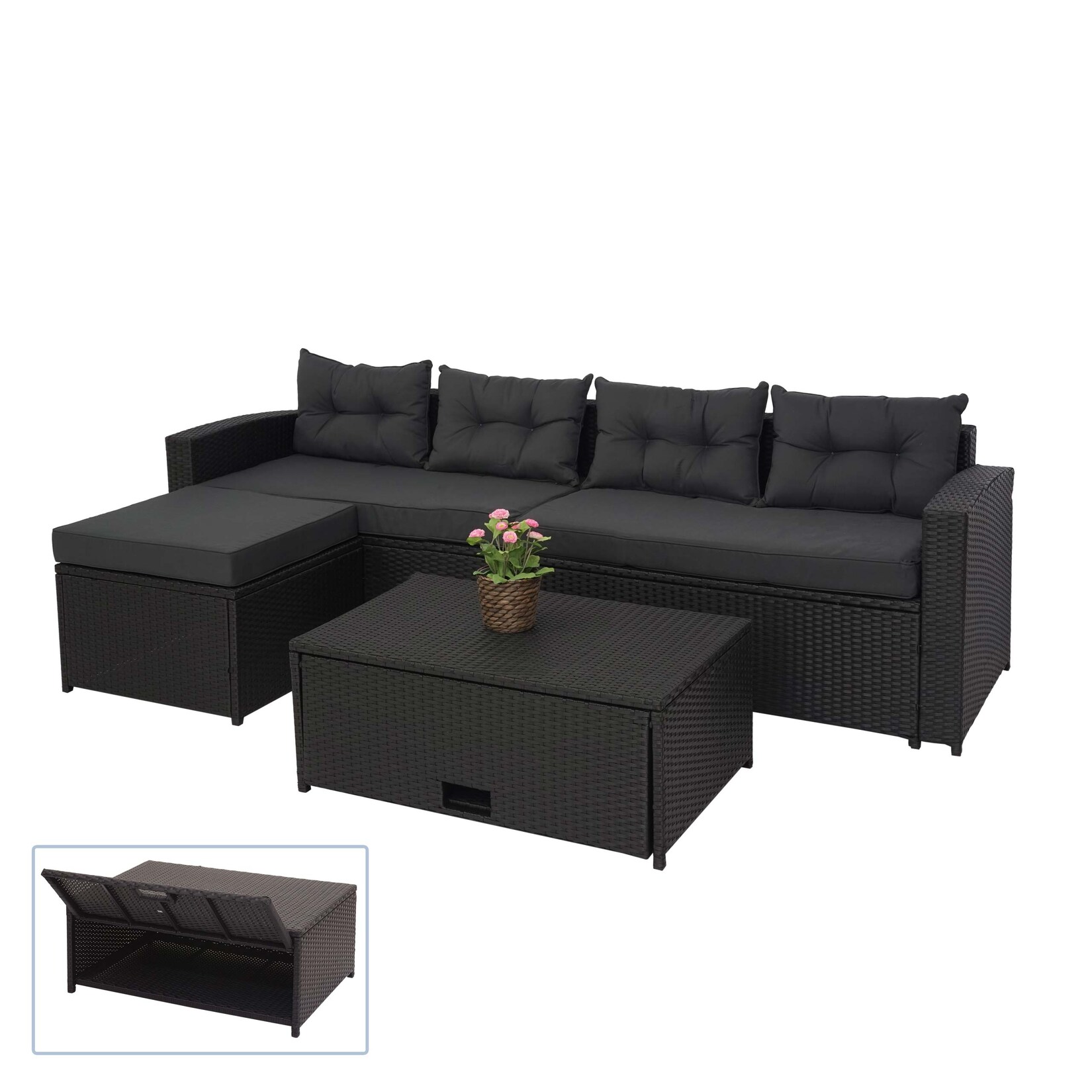 Poly-Rattan Garnitur MCW-J34, Balkon-/Garten-/Lounge-Set Sitzgruppe Sofa, Staufach ~ schwarz, Kissen dunkelgrau | 04057651310817