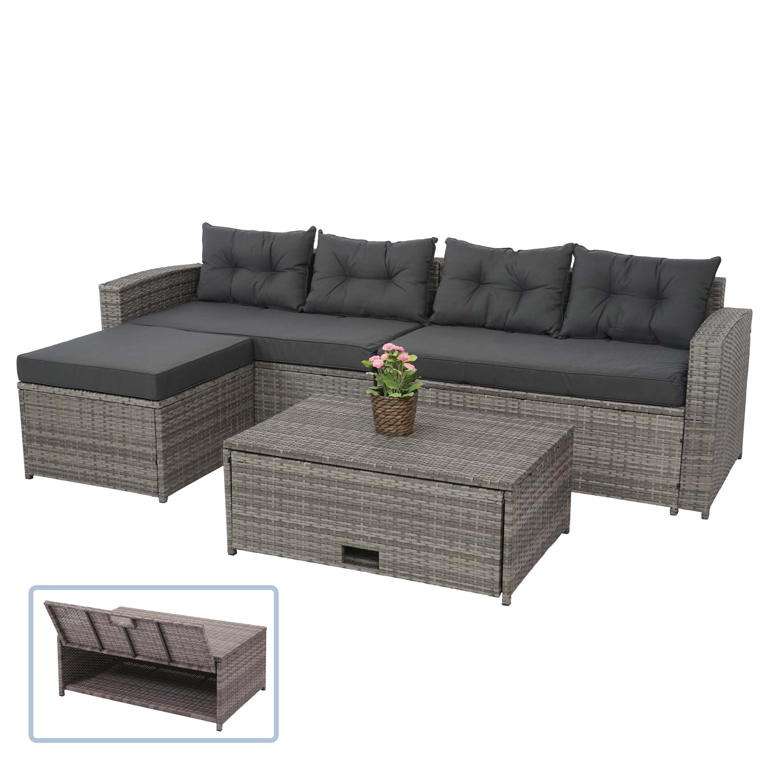 Poly-Rattan Garnitur MCW-J34, Balkon-/Garten-/Lounge-Set Sitzgruppe Sofa, Staufach ~ grau, Kissen dunkelgrau - Bild 1