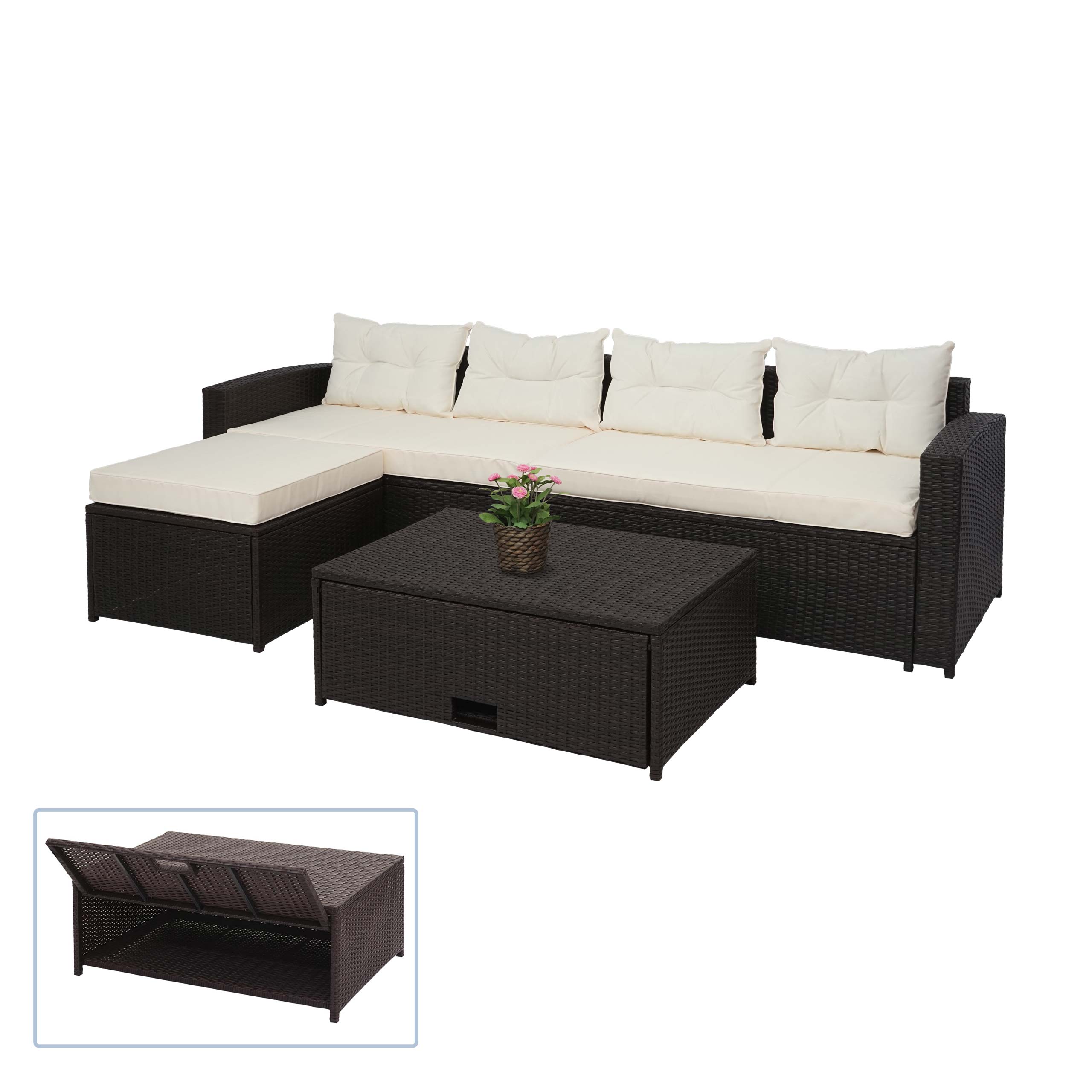 Poly-Rattan Garnitur MCW-J34, Balkon-/Garten-/Lounge-Set Sitzgruppe Sofa, Staufach ~ braun, Kissen creme-beige - Bild 1