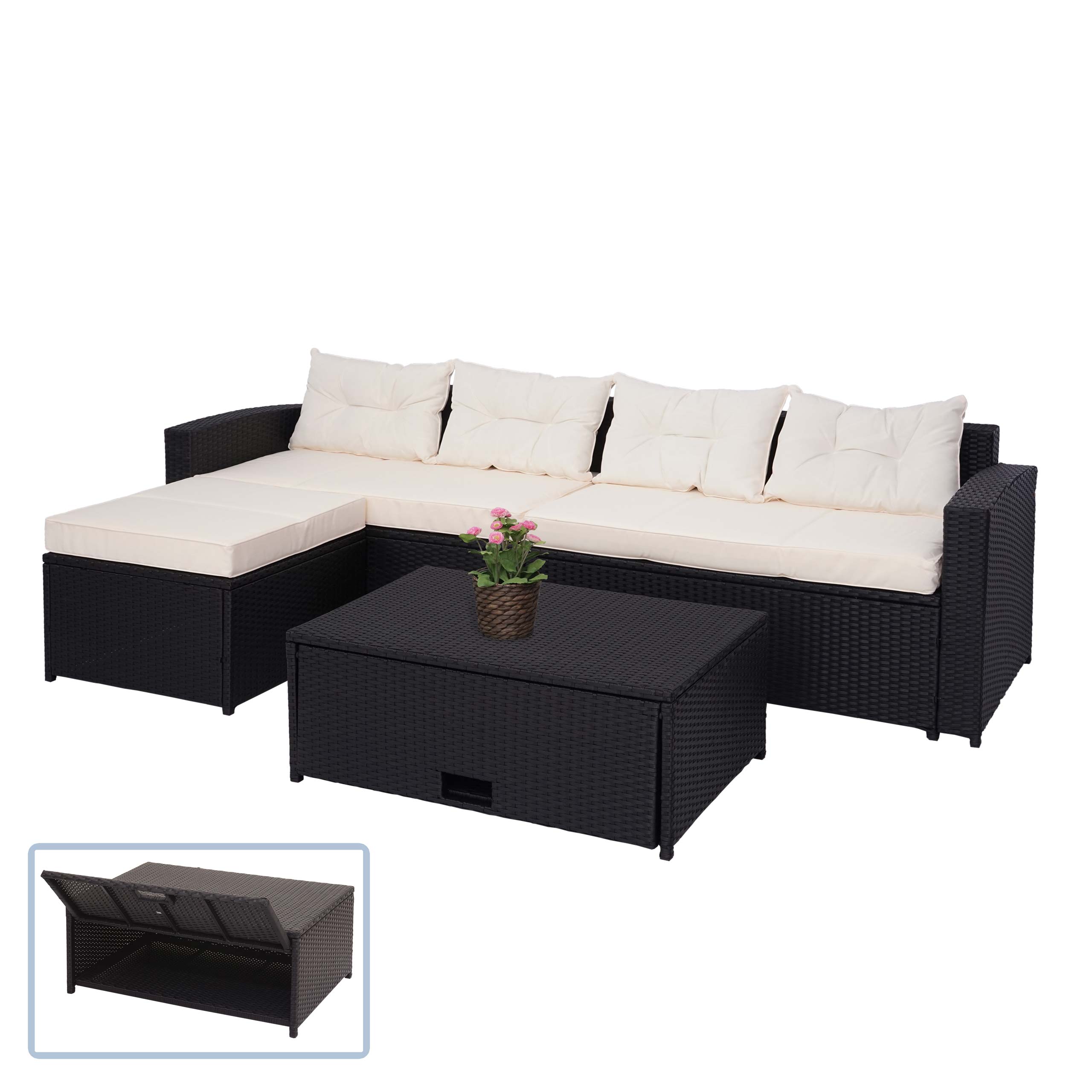 Poly-Rattan Garnitur MCW-J34, Balkon-/Garten-/Lounge-Set Sitzgruppe Sofa, Staufach ~ schwarz, Kissen creme-beige - Bild 1