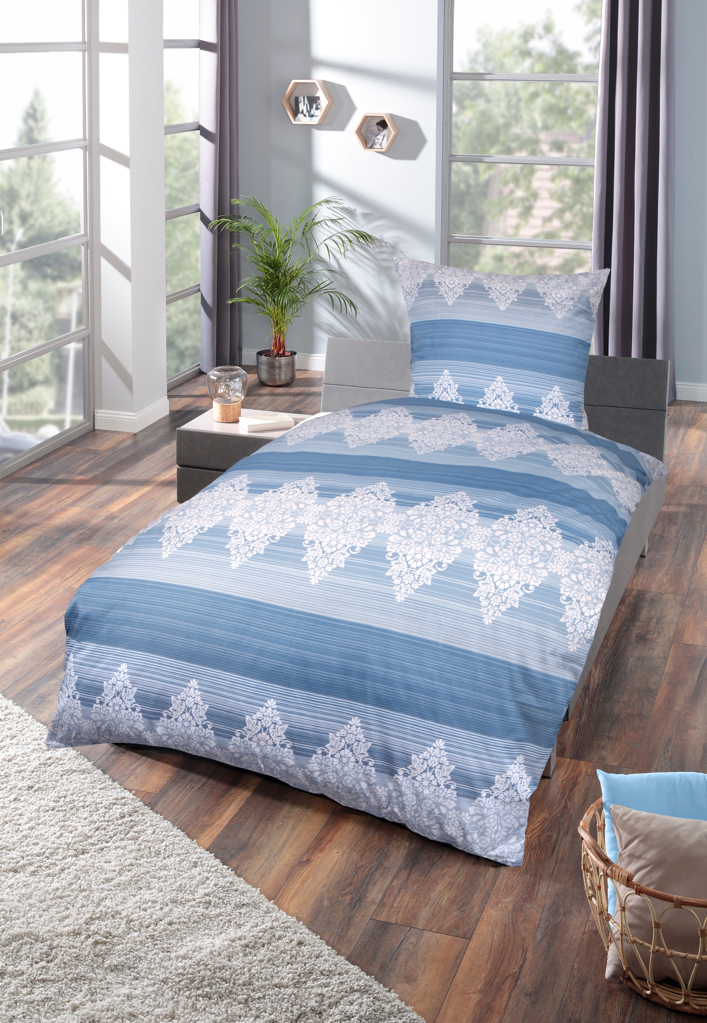 Bettw&auml;sche Mikrofaser - versch. Designs - Ornament blau - Bild 1