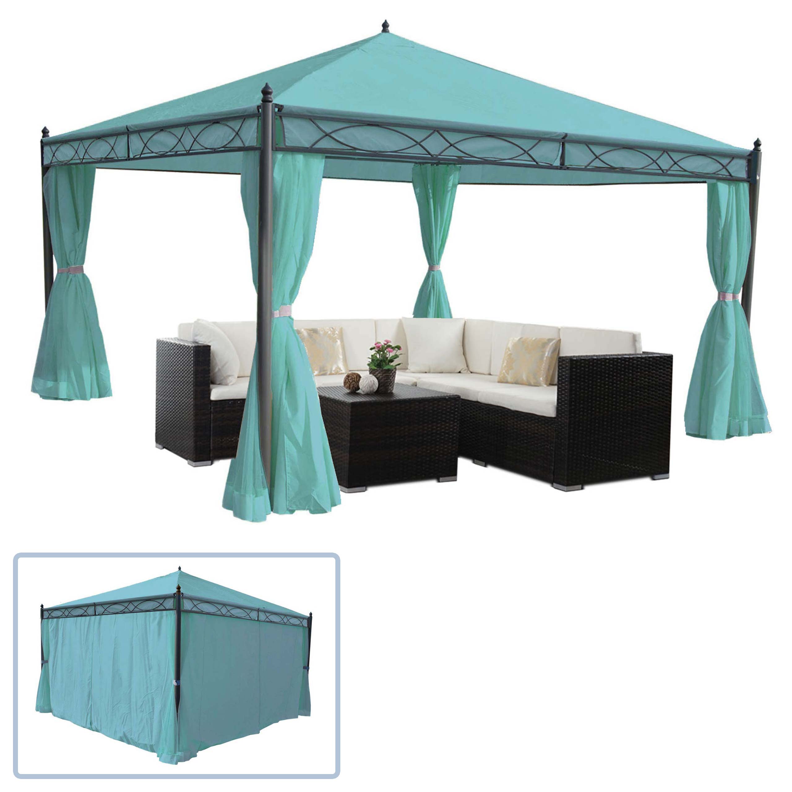 Pergola Calpe, Garten Pavillon, stabiles 7cm-Gestell mit Seitenwand ~ t&uuml;rkis 4x4m - Bild 1