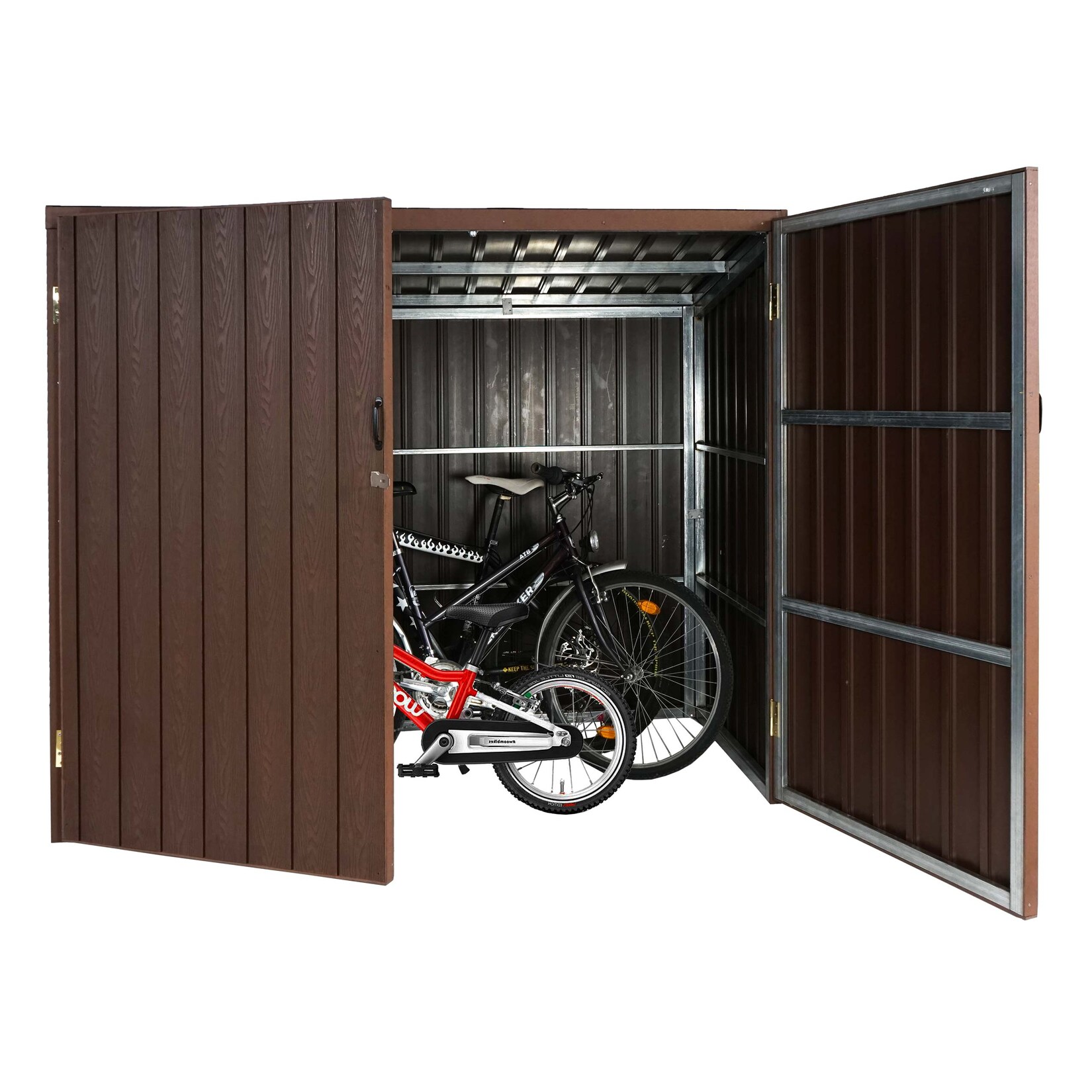 WPC-Fahrradgarage MCW-J29, Geräteschuppen Fahrradbox, Metall Holzoptik abschließbar ~ 4 Räder 172x213x160cm braun | 04057651429748