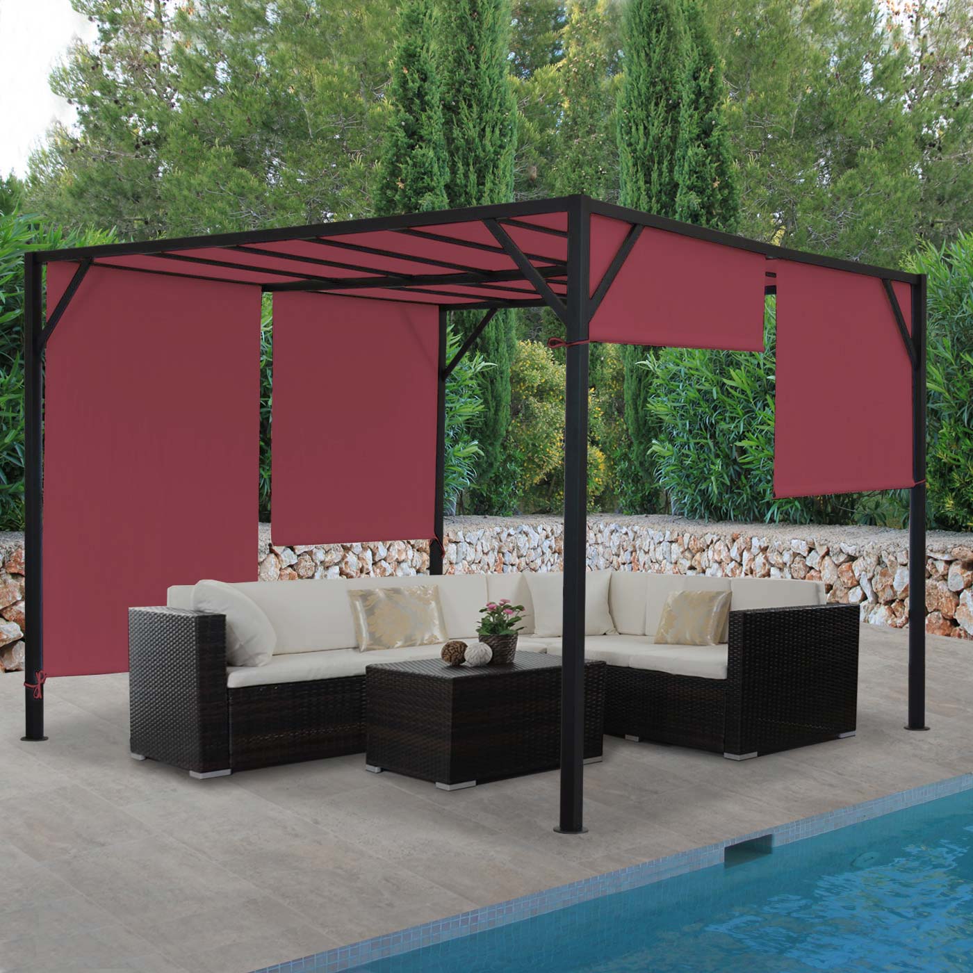 Pergola Beja, Garten Pavillon Terrassen&uuml;berdachung, stabiles 6cm-Stahl-Gestell + Schiebedach bordeaux-rot ~ 3x3m - Bild 1