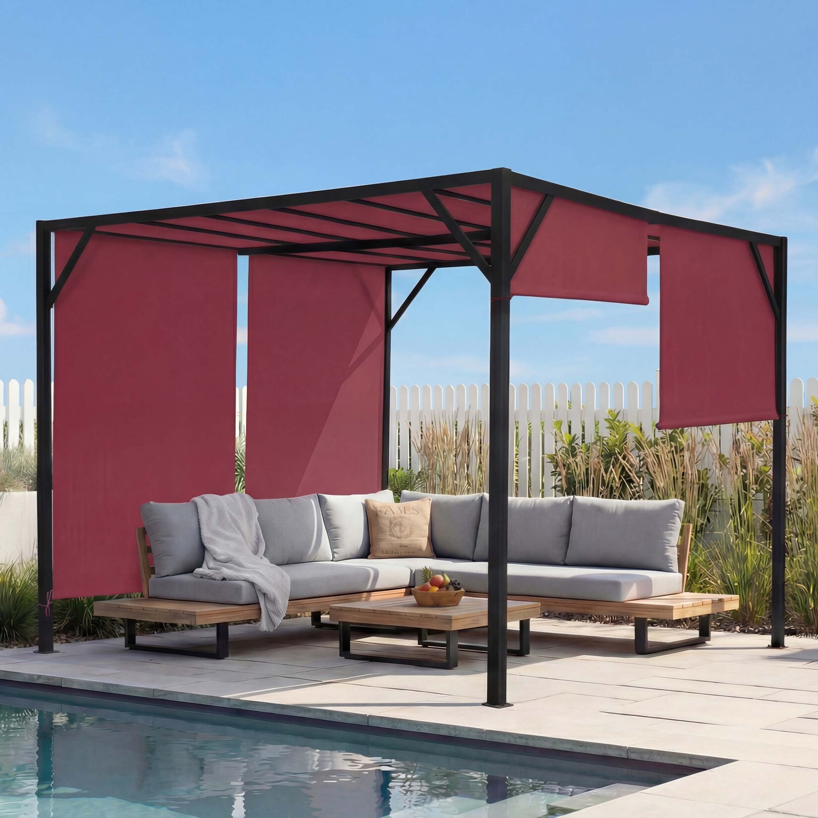 Pergola Beja, Garten Pavillon Terrassenüberdachung, stabiles 6cm-Stahl-Gestell + Schiebedach bordeaux-rot ~ 3x3m