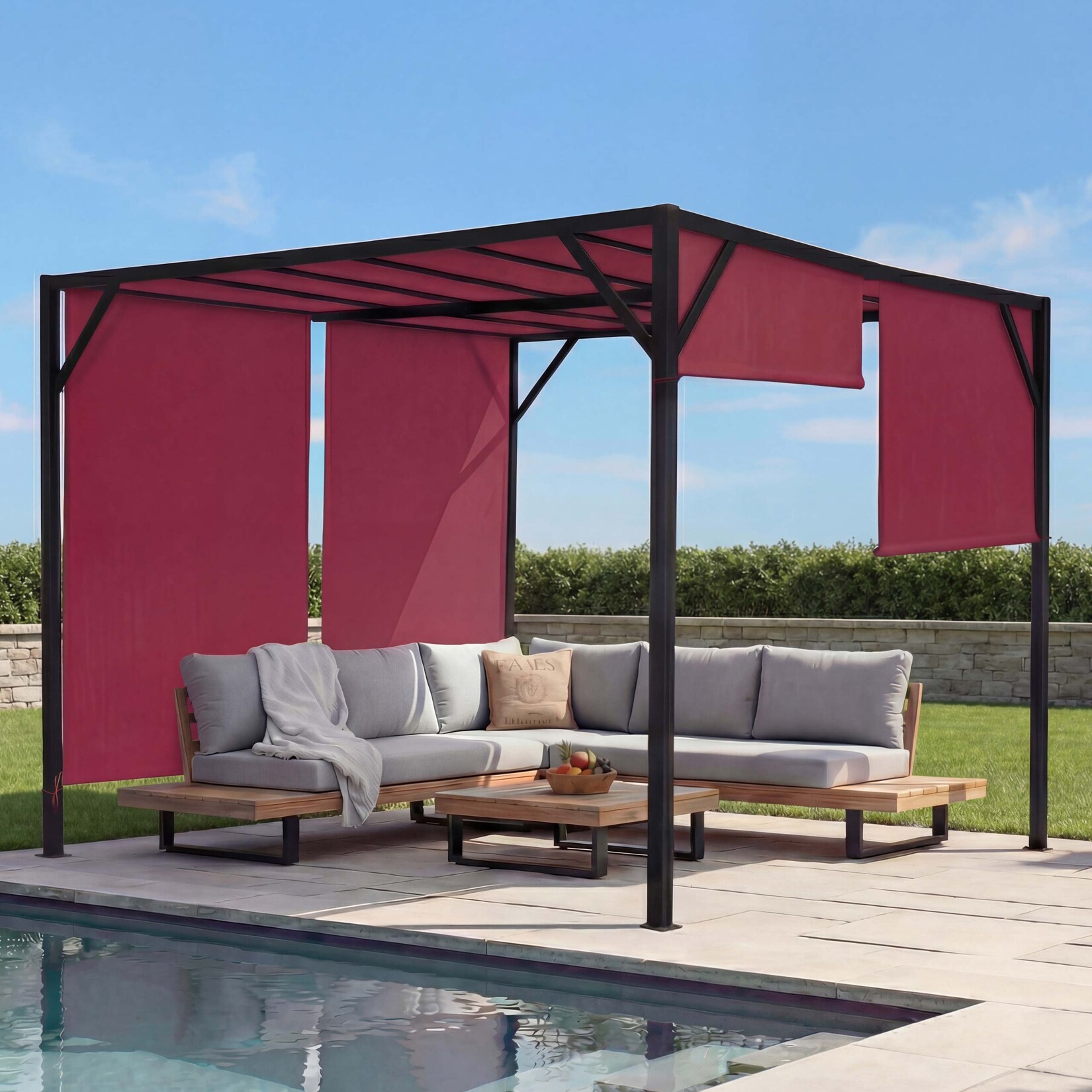 Pergola Beja, Garten Pavillon Terrassenüberdachung, stabiles 6cm-Stahl-Gestell + Schiebedach bordeaux-rot ~ 3x4m