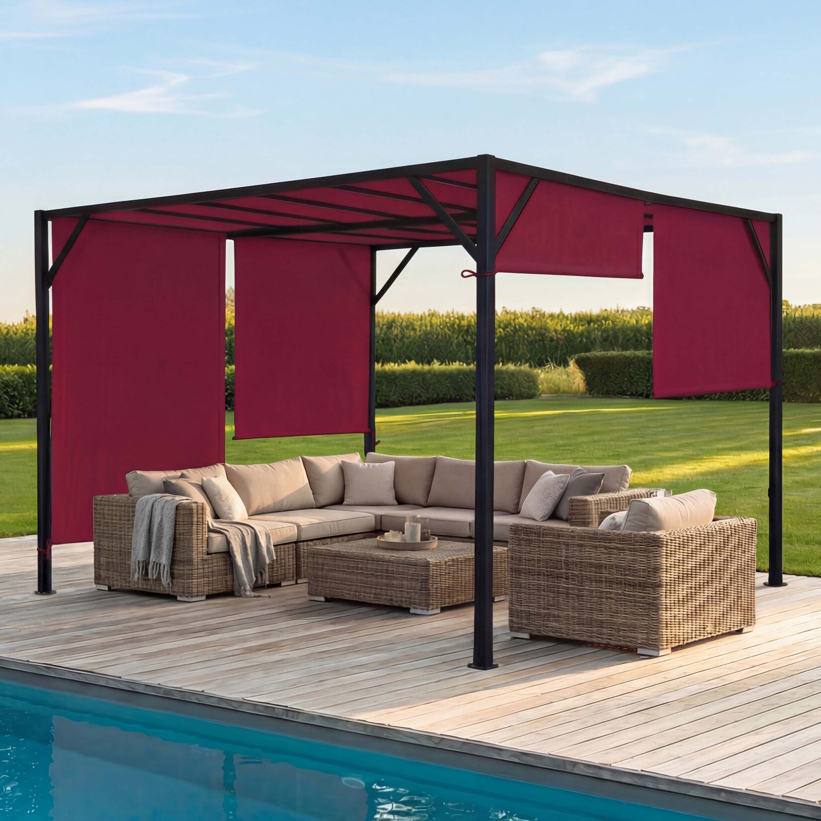 Pergola Beja, Garten Pavillon Terrassenüberdachung, stabiles 6cm-Stahl-Gestell + Schiebedach bordeaux-rot ~ 4x4m