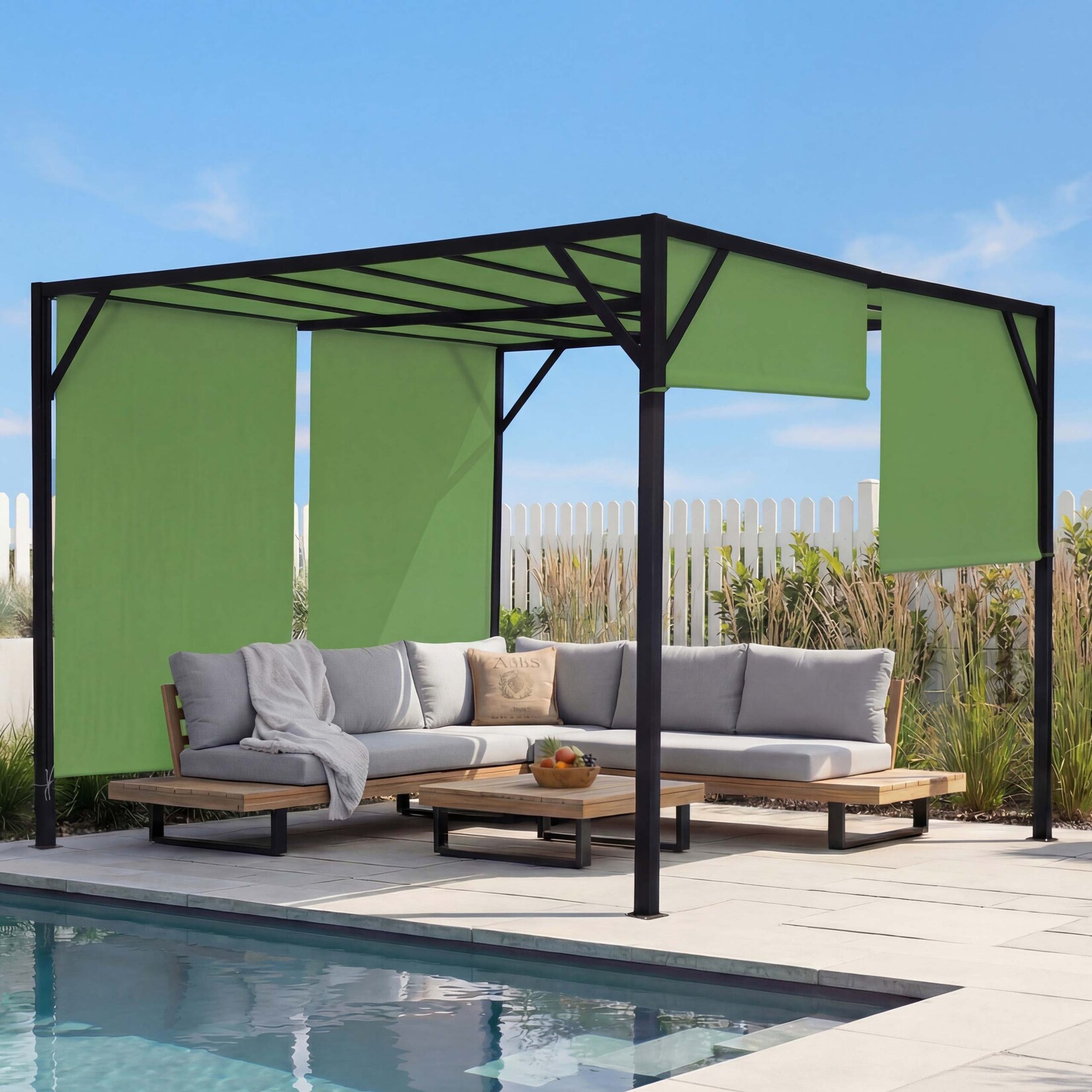 Pergola Beja, Garten Pavillon Terrassenüberdachung, stabiles 6cm-Stahl-Gestell + Schiebedach grün ~ 3x3m
