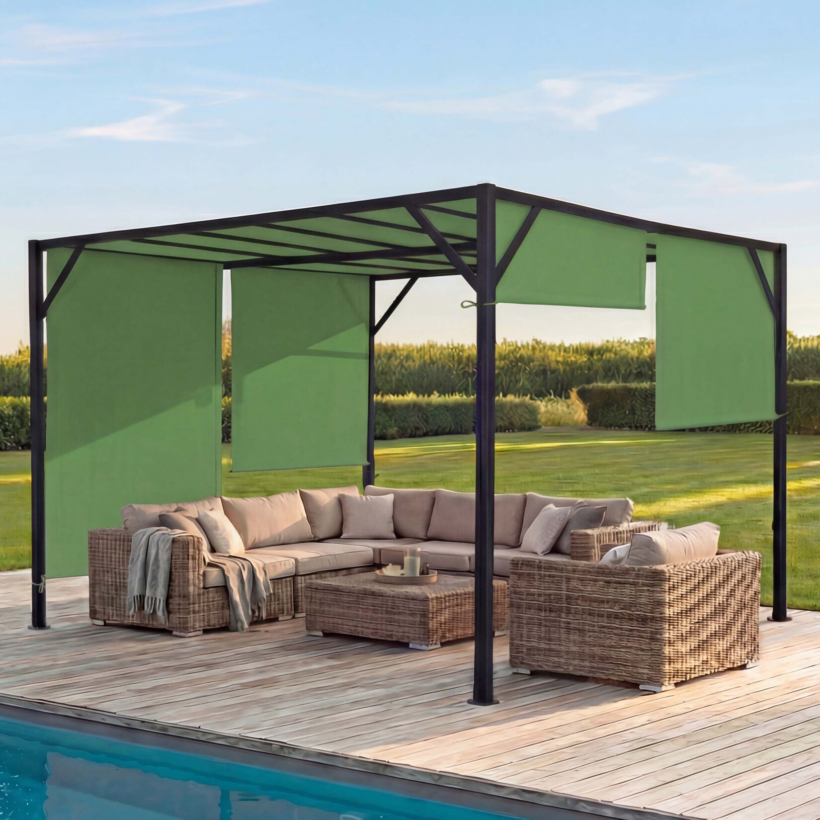 Pergola Beja, Garten Pavillon Terrassenüberdachung, stabiles 6cm-Stahl-Gestell + Schiebedach grün ~ 4x4m