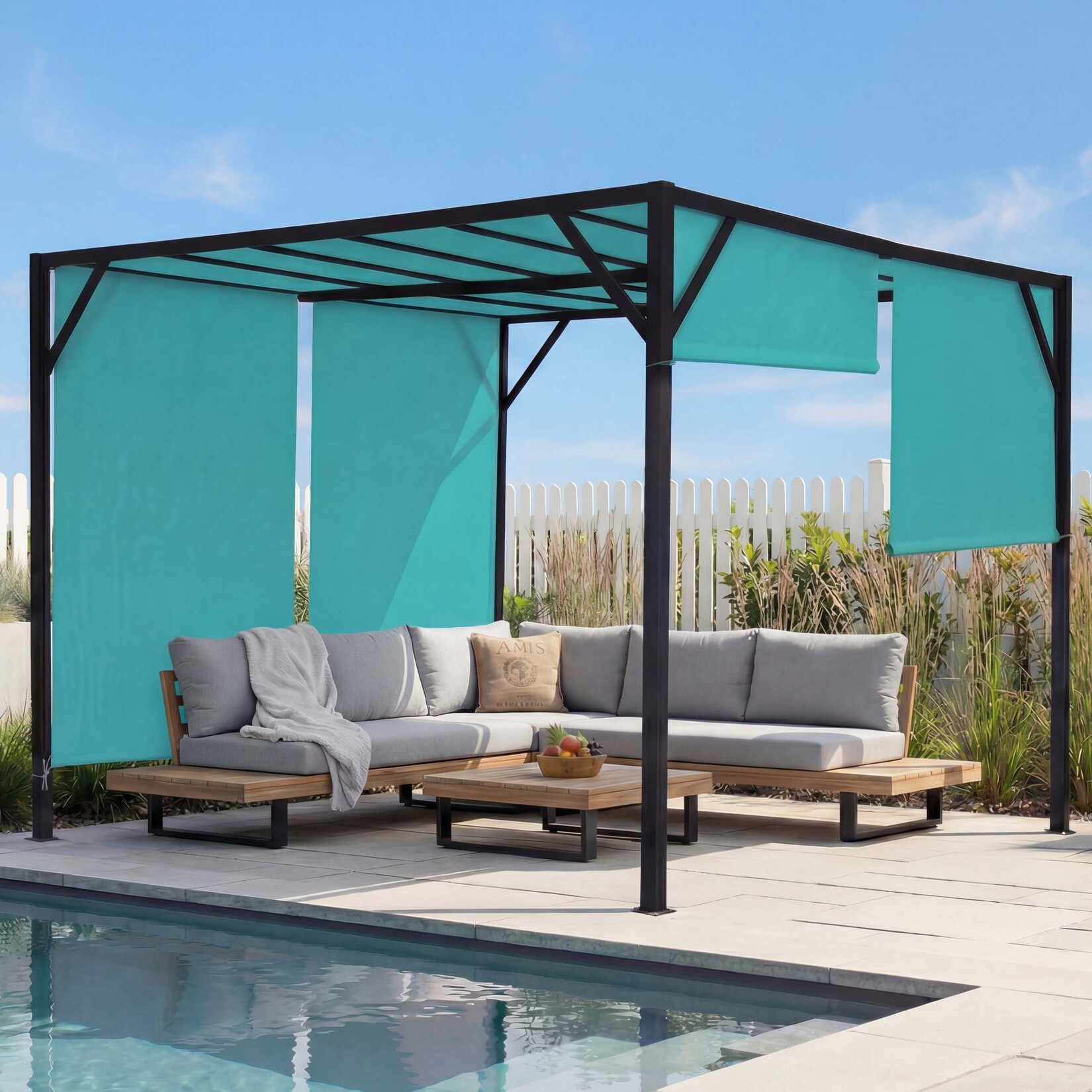 Pergola Beja, Garten Pavillon Terrassenüberdachung, stabiles 6cm-Stahl-Gestell + Schiebedach türkis-blau ~ 3x3m