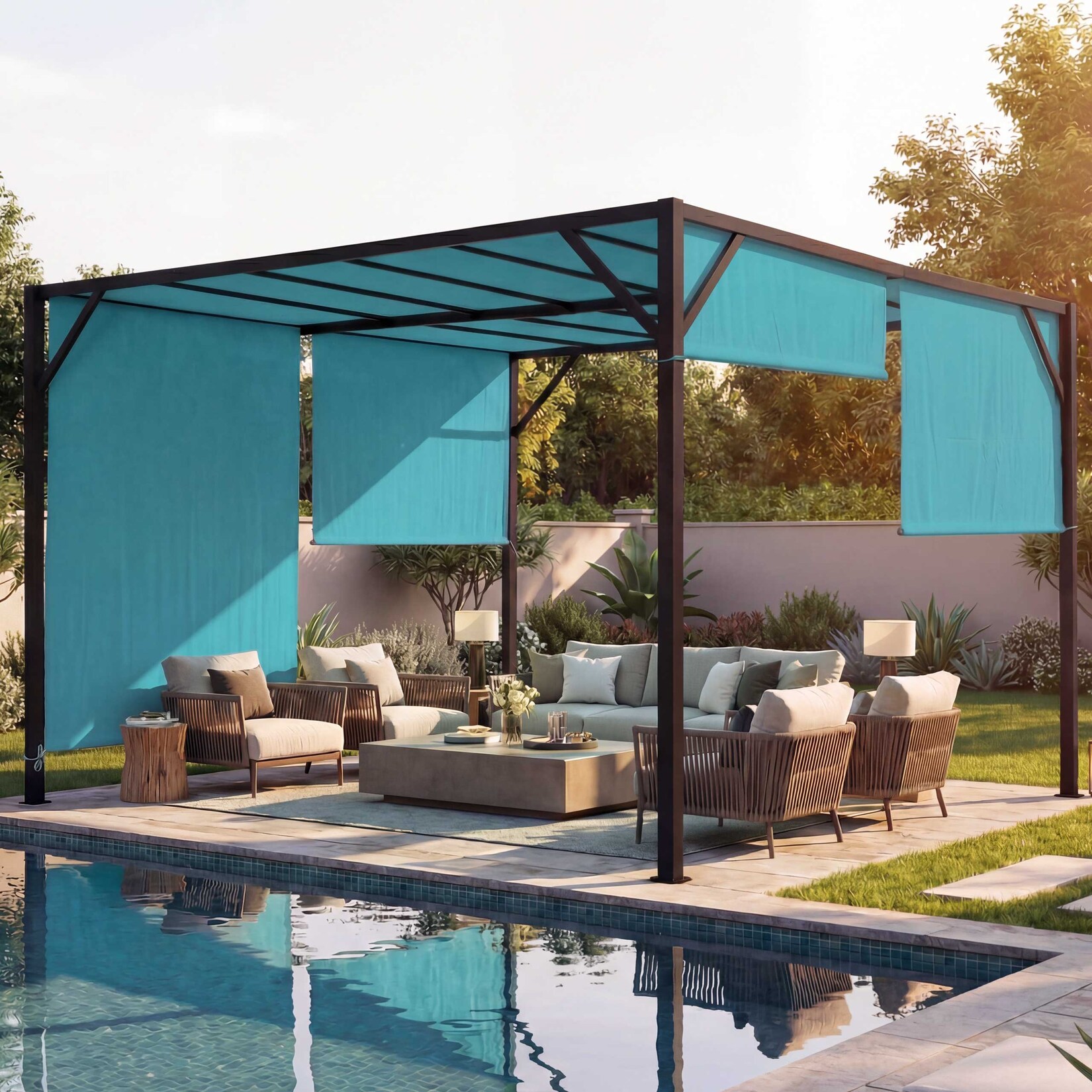 Pergola Beja, Garten Pavillon Terrassenüberdachung, stabiles 6cm-Stahl-Gestell + Schiebedach türkis-blau ~ 3x4m
