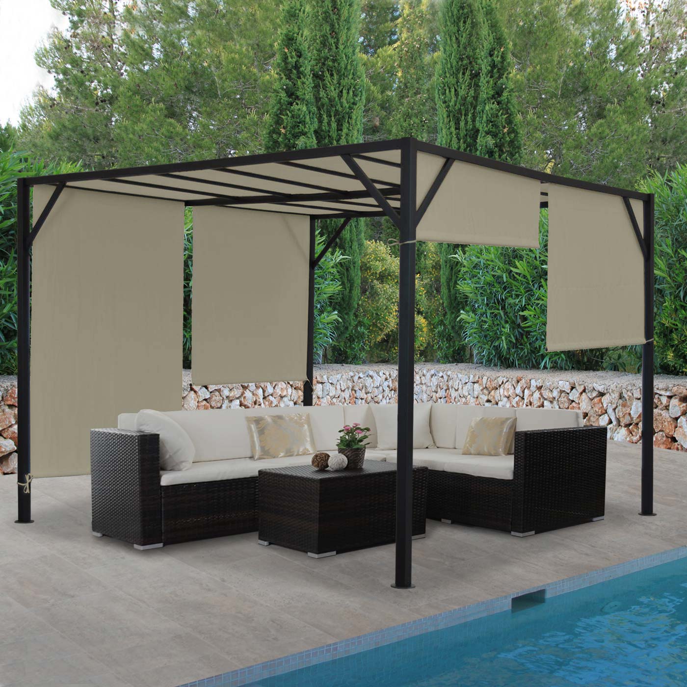 Pergola Beja, Garten Pavillon Terrassen&uuml;berdachung, stabiles 6cm-Stahl-Gestell + Schiebedach taupe ~ 3x3m - Bild 1