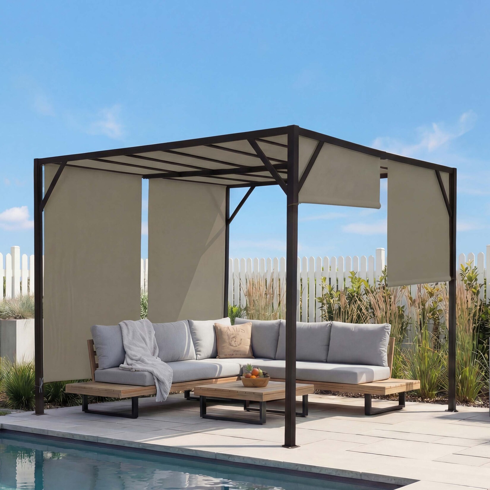 Pergola Beja, Garten Pavillon Terrassenüberdachung, stabiles 6cm-Stahl-Gestell + Schiebedach taupe ~ 3x3m