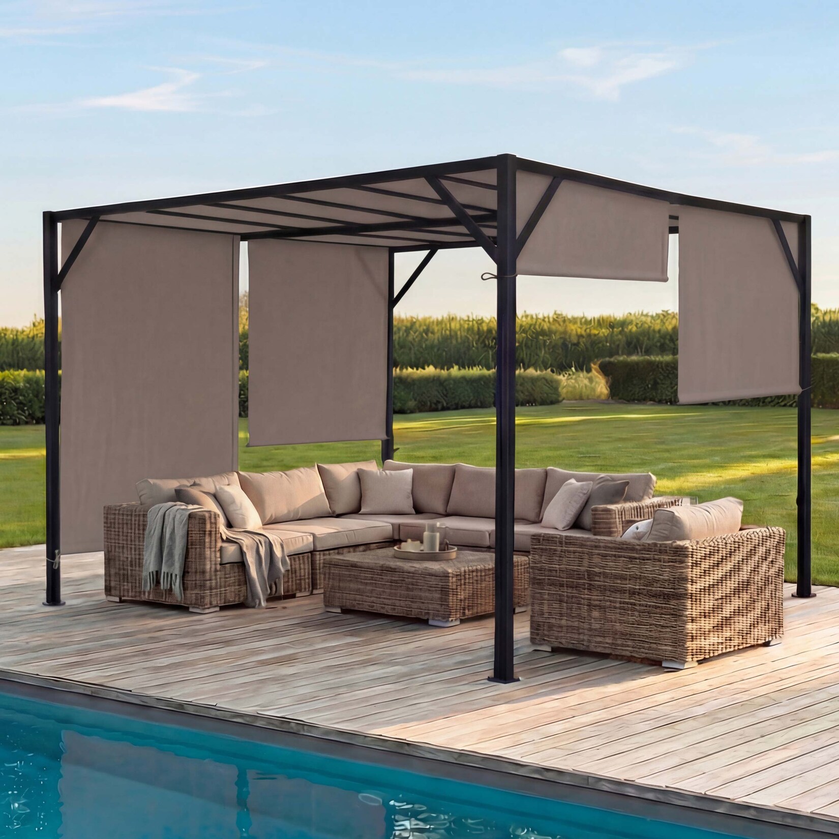 Pergola Beja, Garten Pavillon Terrassenüberdachung, stabiles 6cm-Stahl-Gestell + Schiebedach taupe ~ 4x4m