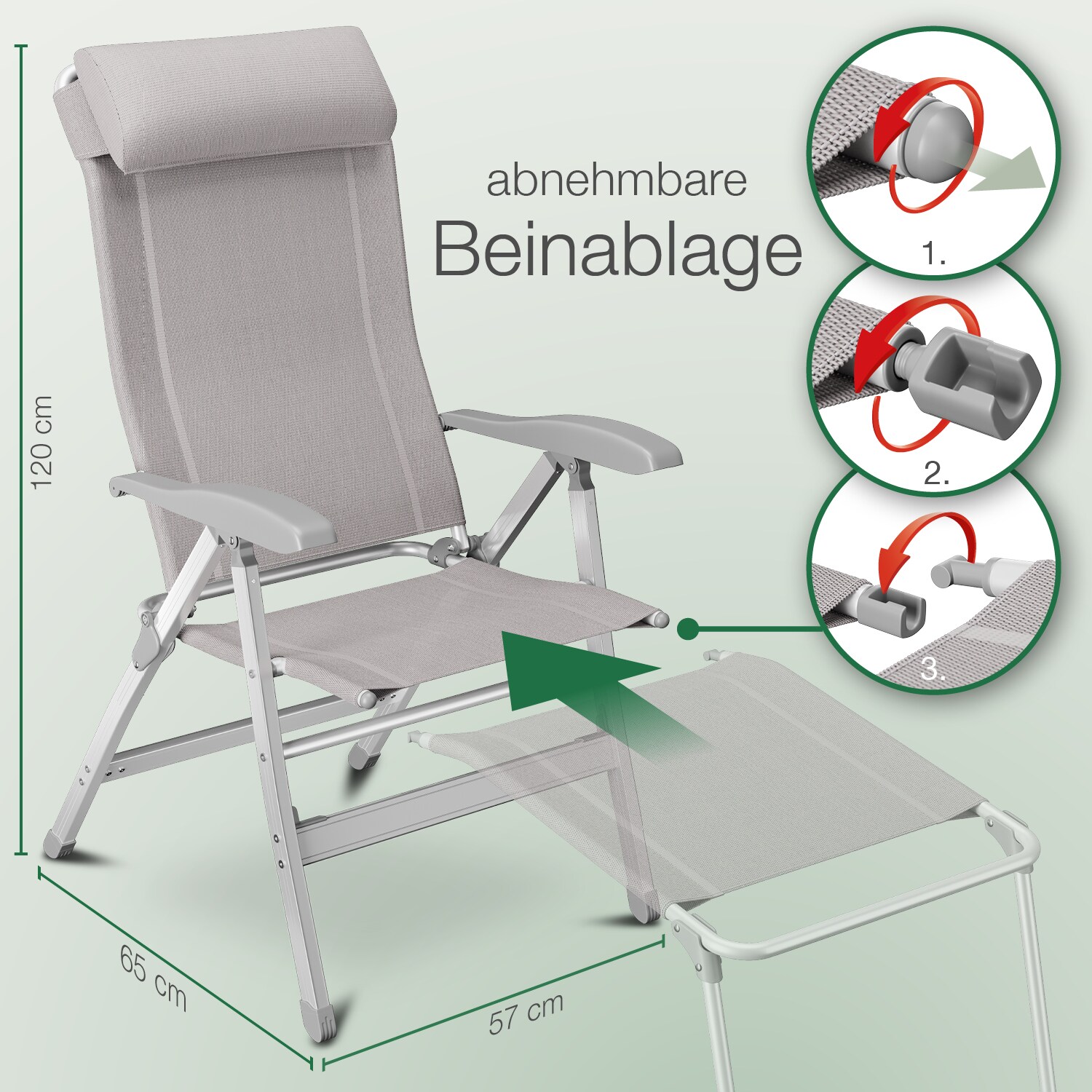 ELONEO Campingstuhl faltbarer Klappstuhl Liegestuhl mit Beinauflage, taupe