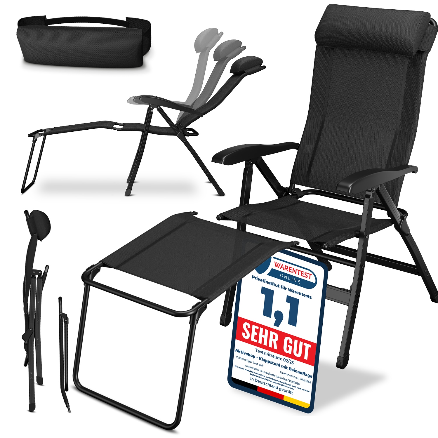 ELONEO Campingstuhl faltbarer Klappstuhl Liegestuhl mit Beinauflage, schwarz - Bild 1