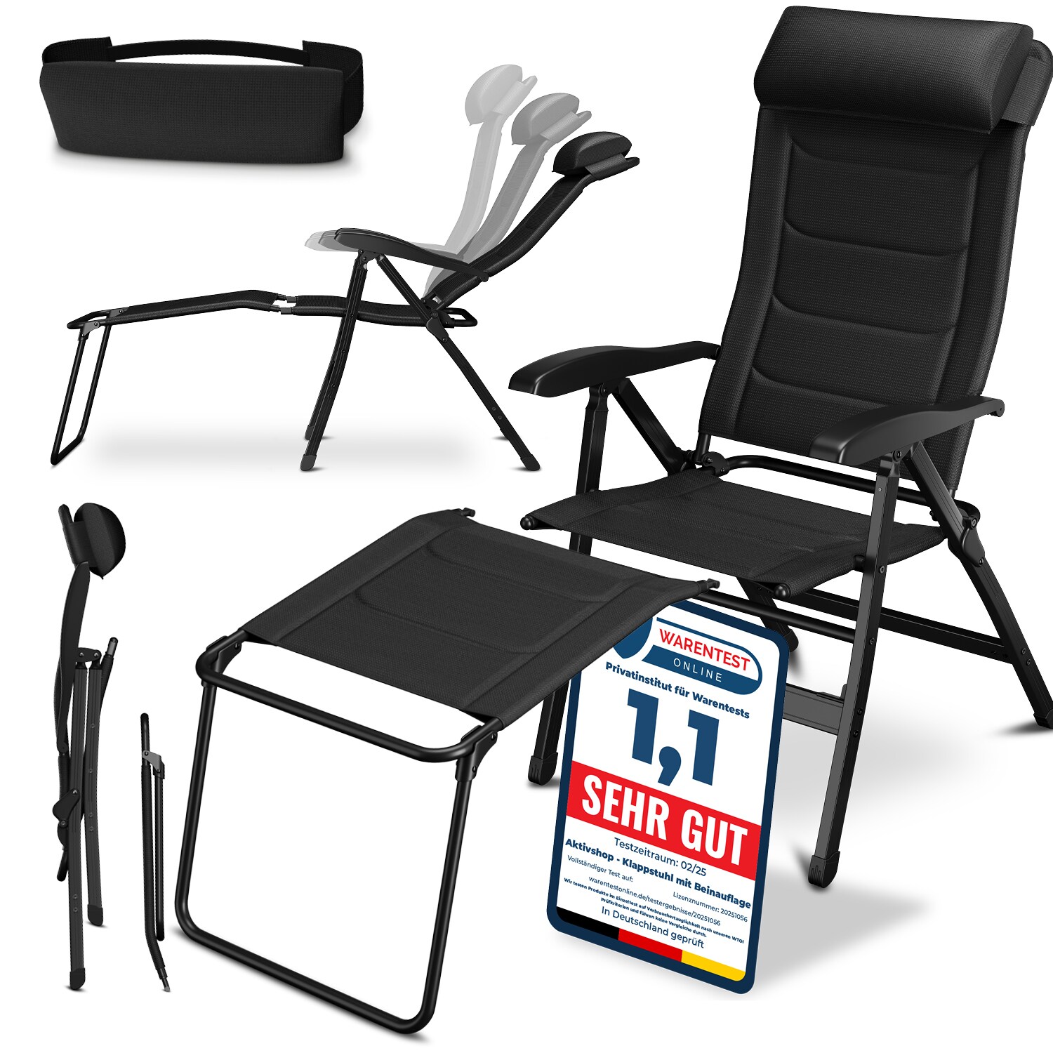 ELONEO Campingstuhl faltbarer Klappstuhl gepolsterter Liegestuhl mit Beinauflage, schwarz | 04260346888847