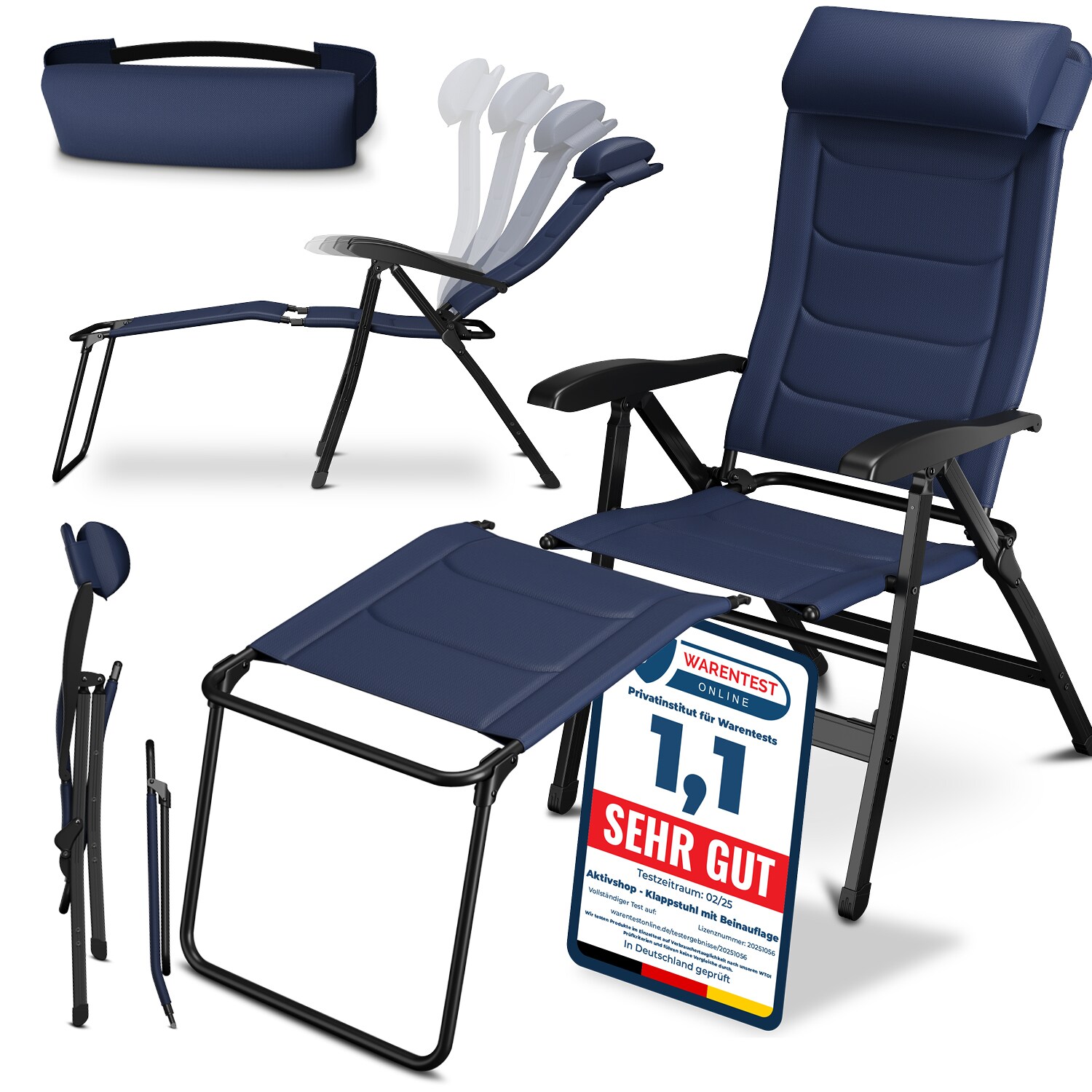 ELONEO Campingstuhl faltbarer Klappstuhl gepolsterter Liegestuhl mit Beinauflage, blau | 04260641680474