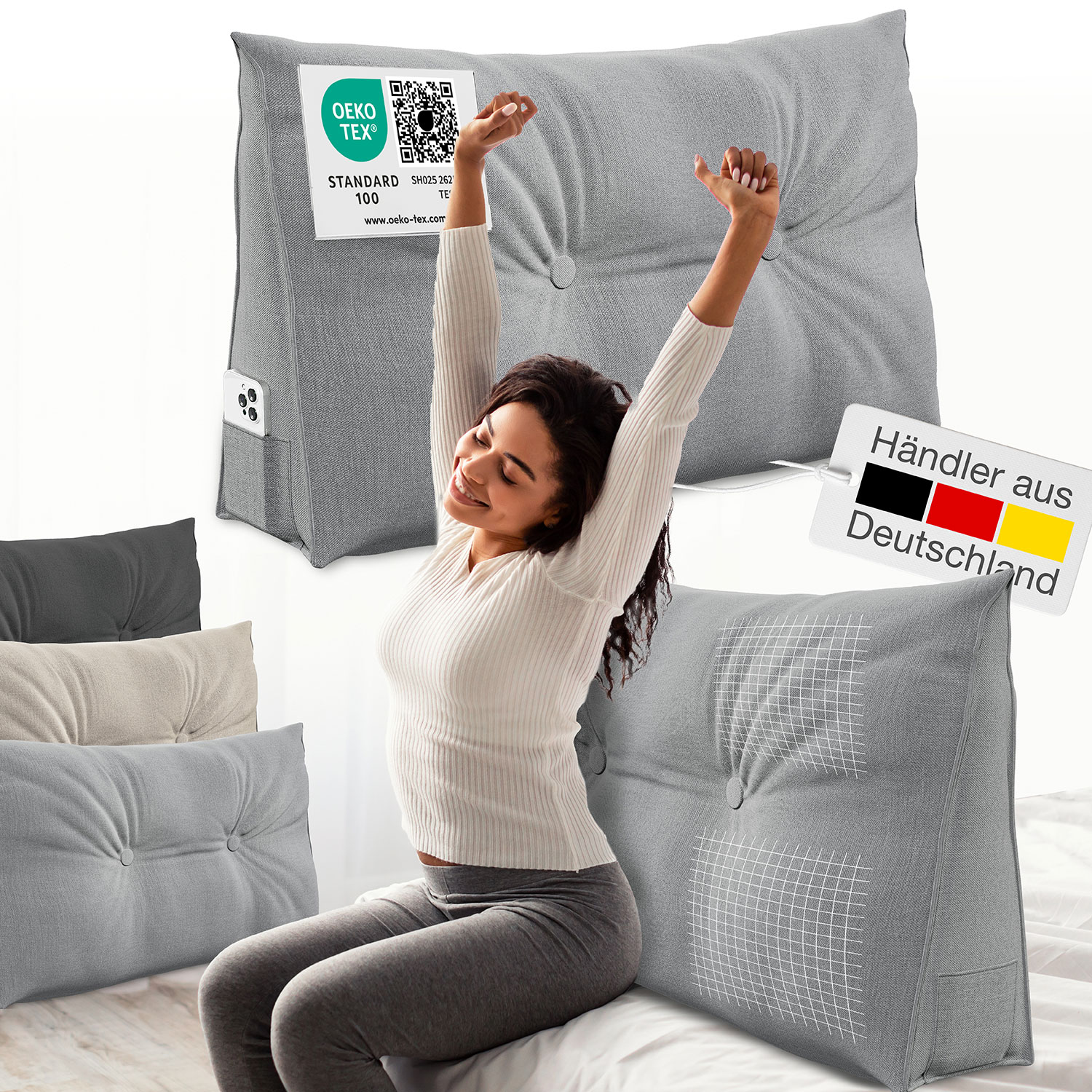 ELONEO R&uuml;ckenkissen Bett- und R&uuml;ckenst&uuml;tzkissen >Grau< 70cm - Bild 1