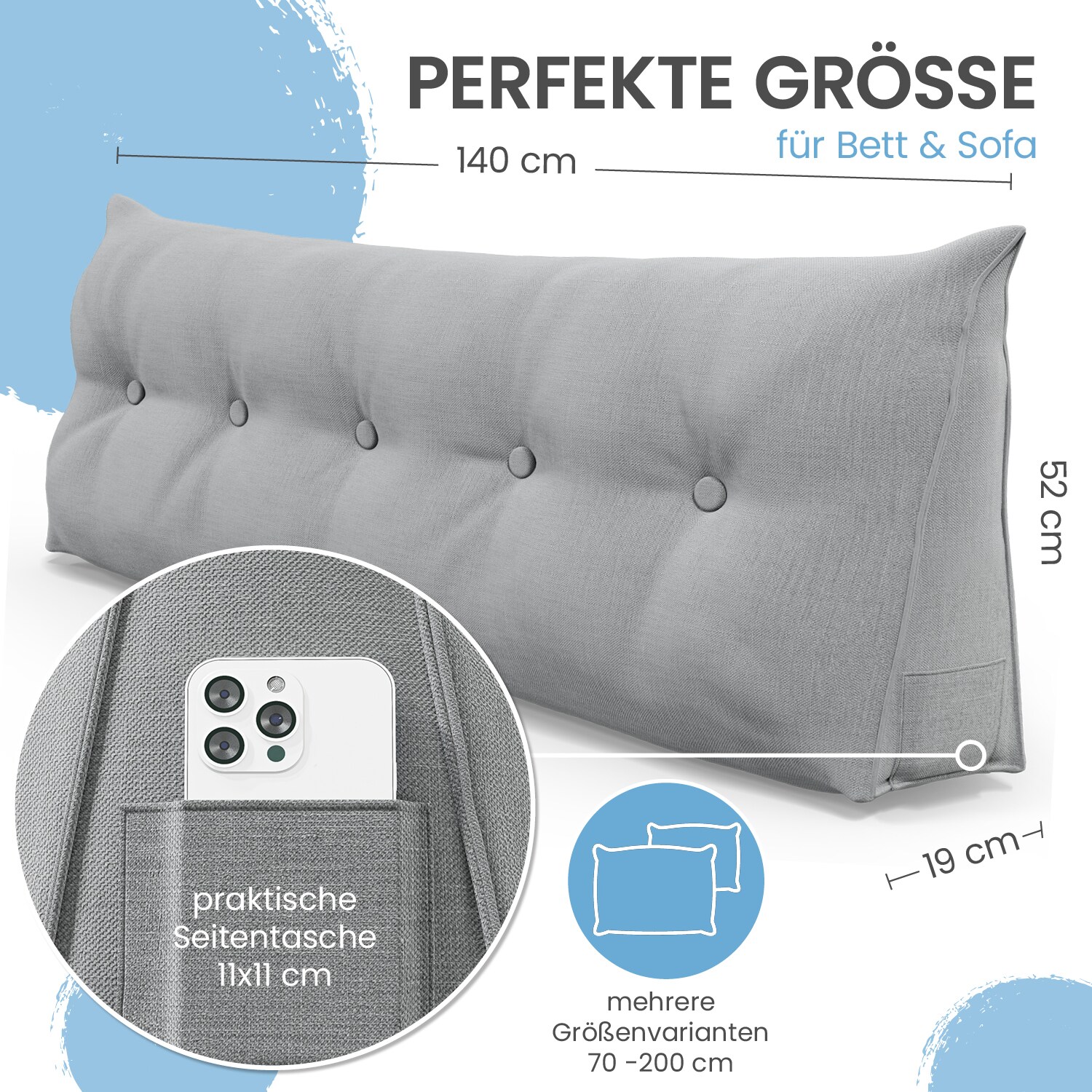 ELONEO R&uuml;ckenkissen Bett- und R&uuml;ckenst&uuml;tzkissen >Grau< 140cm - Bild 1