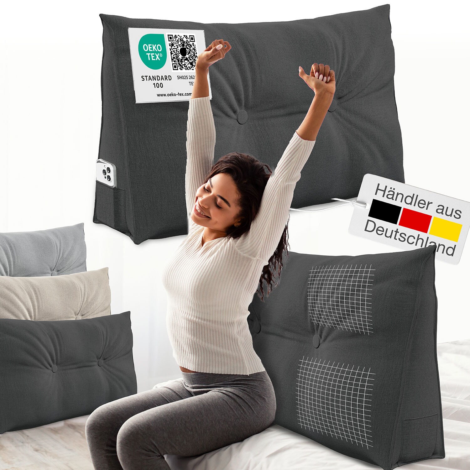 ELONEO Rückenkissen Bett- und Rückenstützkissen >Anthrazit< 90cm