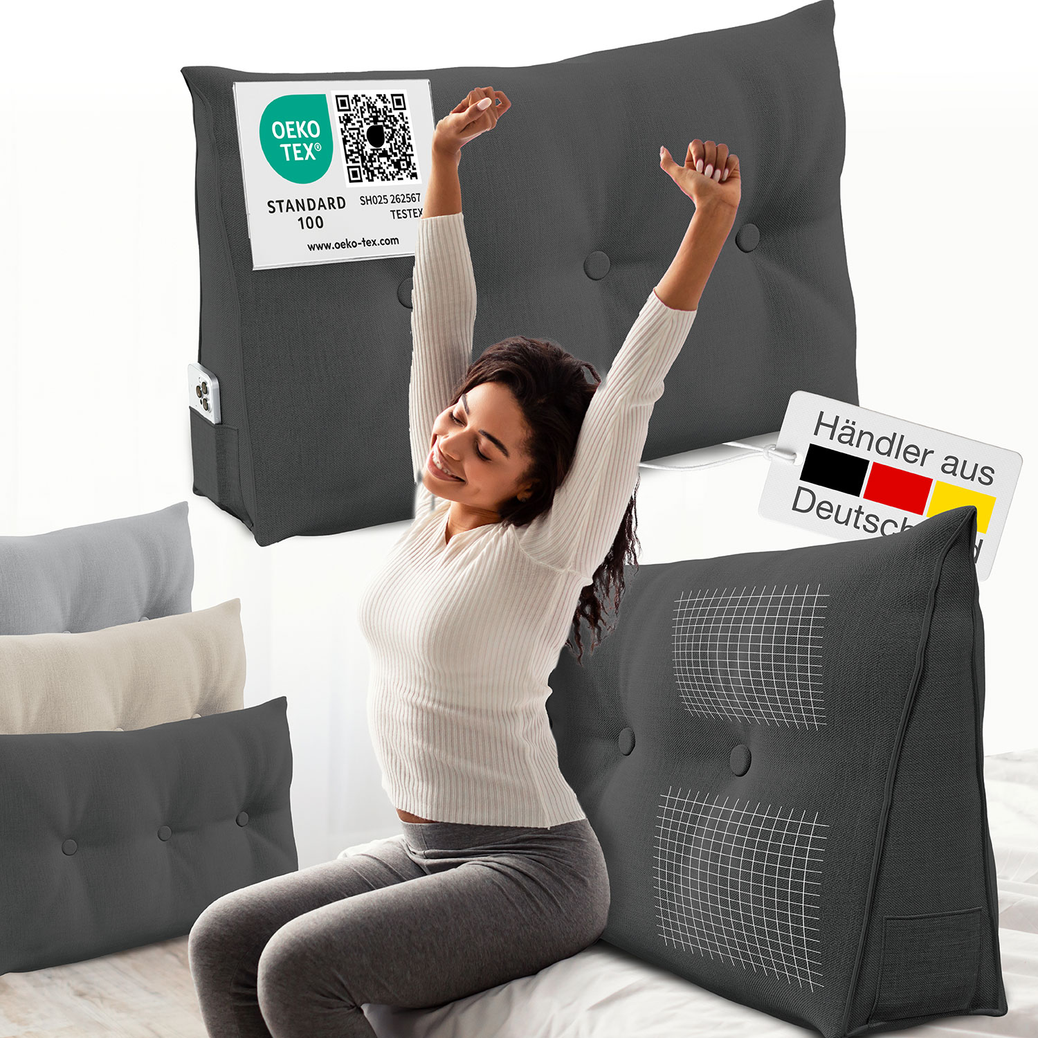 ELONEO R&uuml;ckenkissen Bett- und R&uuml;ckenst&uuml;tzkissen >Anthrazit< 100cm - Bild 1