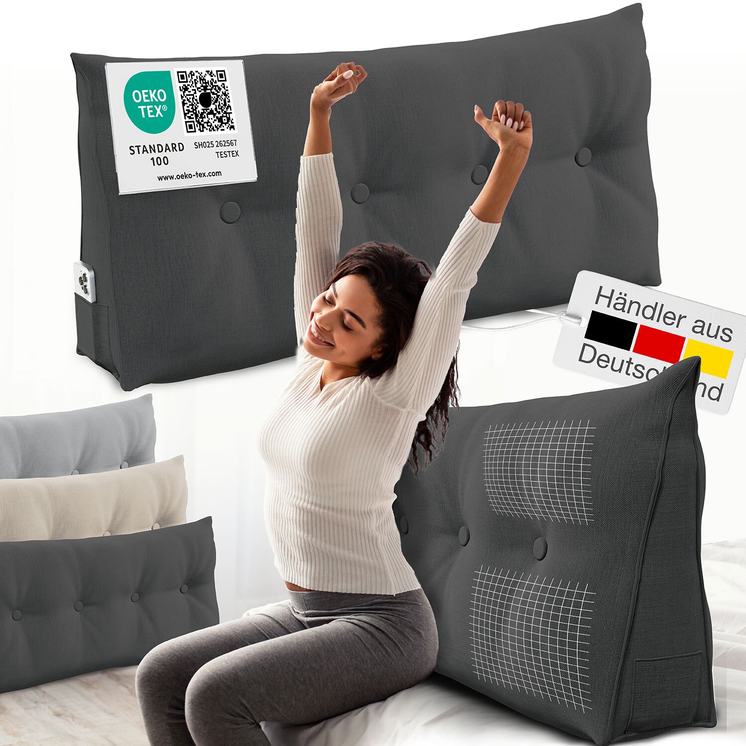 ELONEO Rückenkissen Bett- und Rückenstützkissen >Anthrazit< 120cm