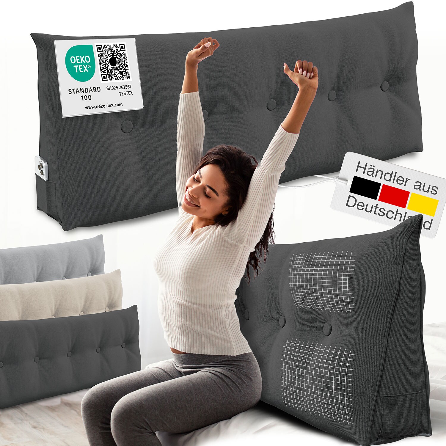 ELONEO Rückenkissen Bett- und Rückenstützkissen >Anthrazit< 140cm