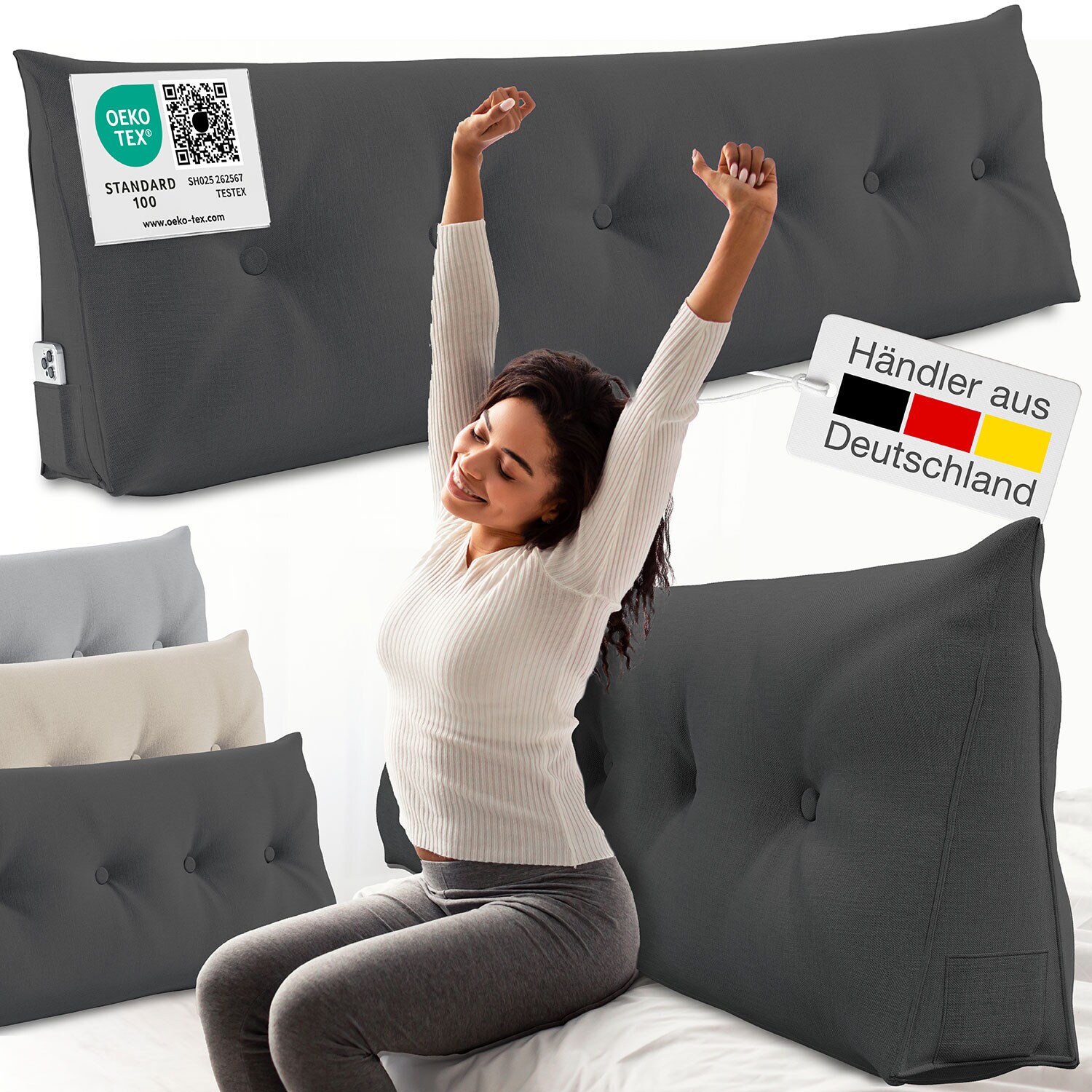 ELONEO Rückenkissen Bett- und Rückenstützkissen >Anthrazit< 180cm