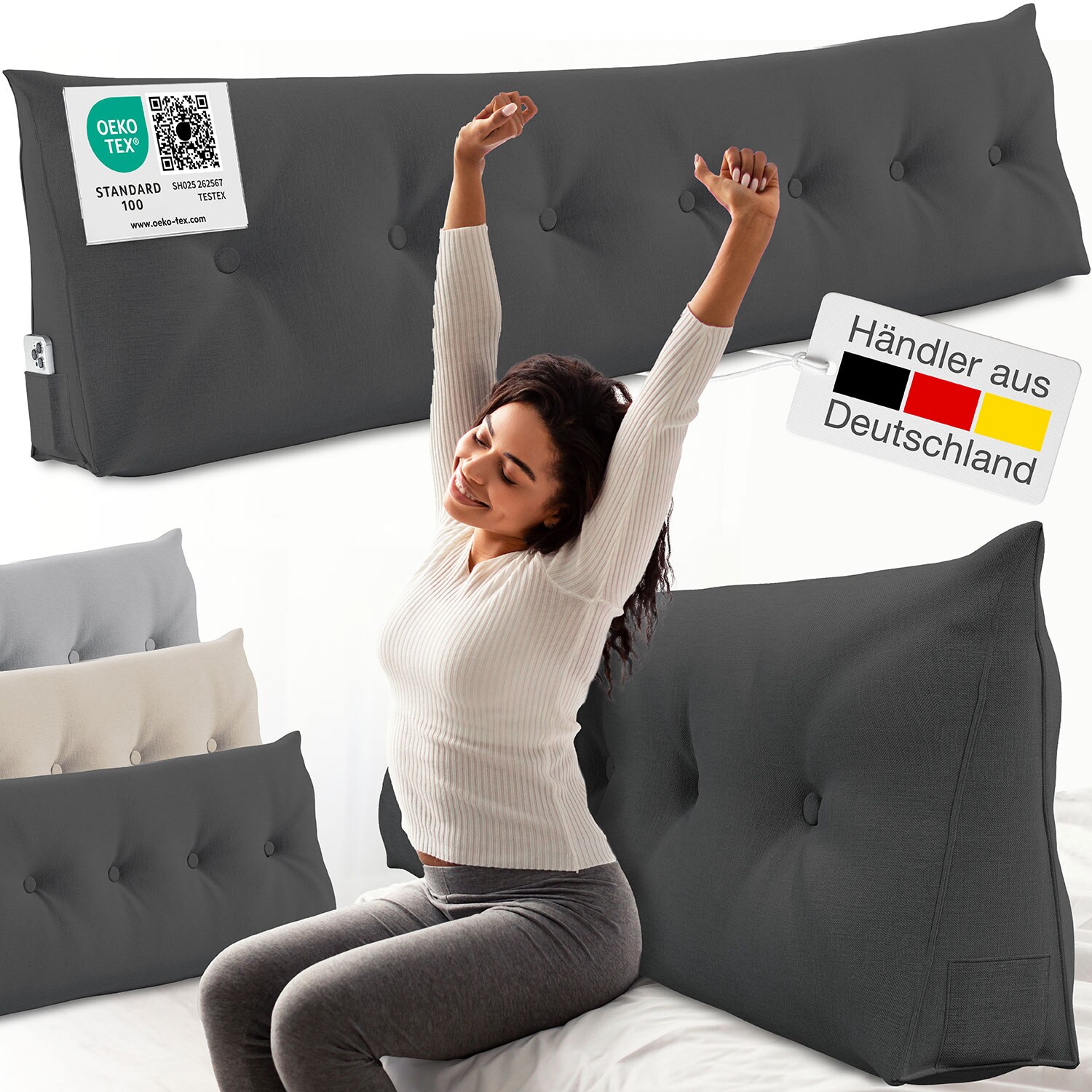 ELONEO Rückenkissen Bett- und Rückenstützkissen >Anthrazit< 200cm