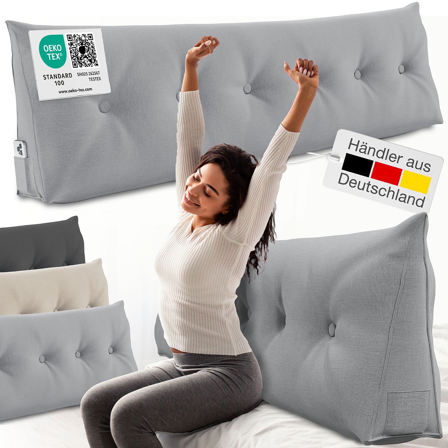 ELONEO Rückenkissen Bett- und Rückenstützkissen >Grau< 160cm