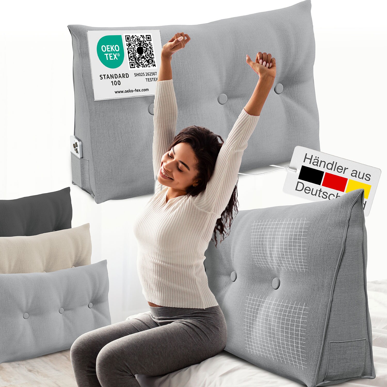 ELONEO Rückenkissen Bett- und Rückenstützkissen >Grau< 100cm