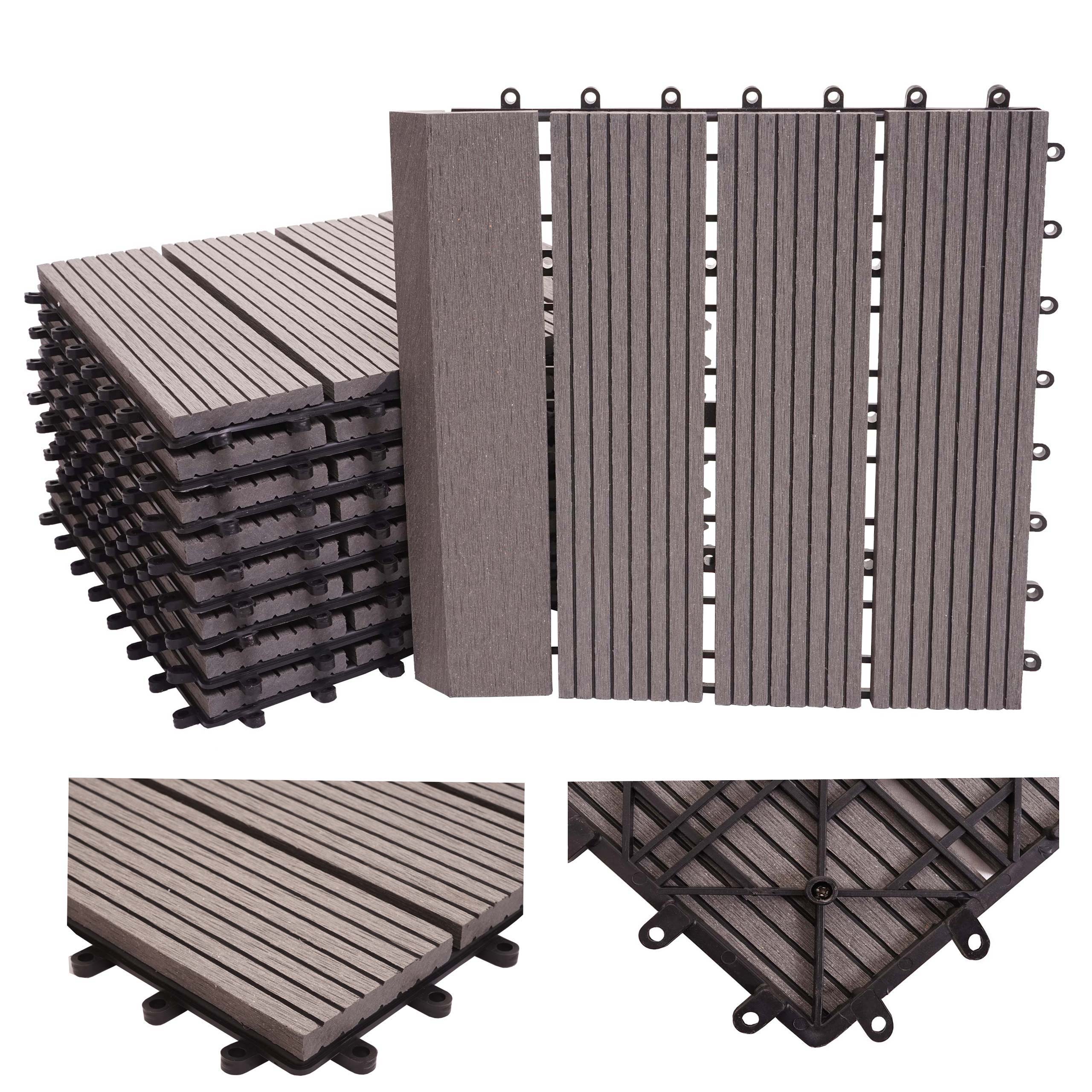 WPC Bodenfliese Sarthe + Abschluss, Holzoptik Balkon/Terrasse, 11x je 30x30cm = 1qm Premium ~ grau linear senkrecht - Bild 1