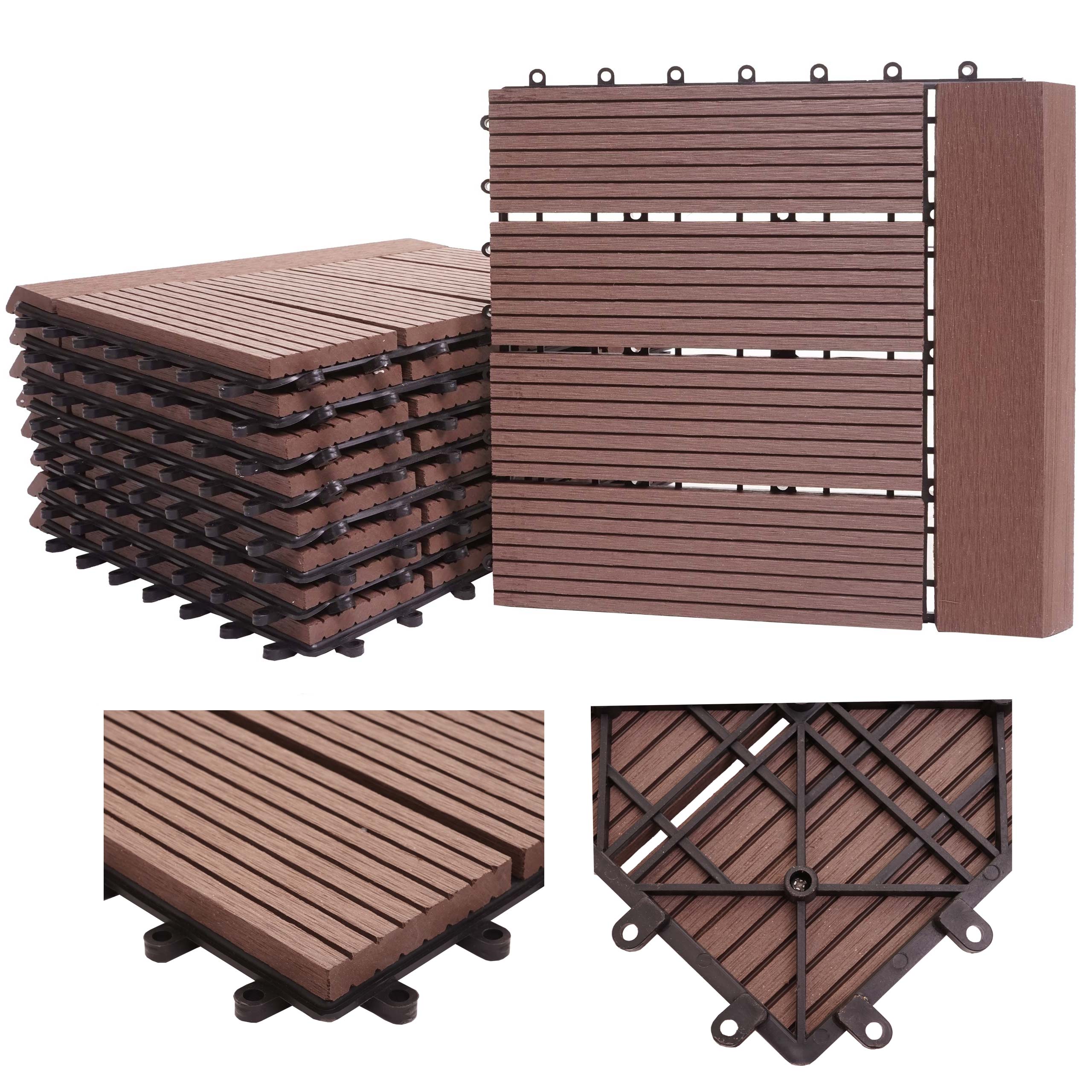 WPC Bodenfliese Sarthe + Abschluss, Holzoptik Balkon/Terrasse, 11x je 30x30cm = 1qm Premium ~ coffee linear waagrecht - Bild 1