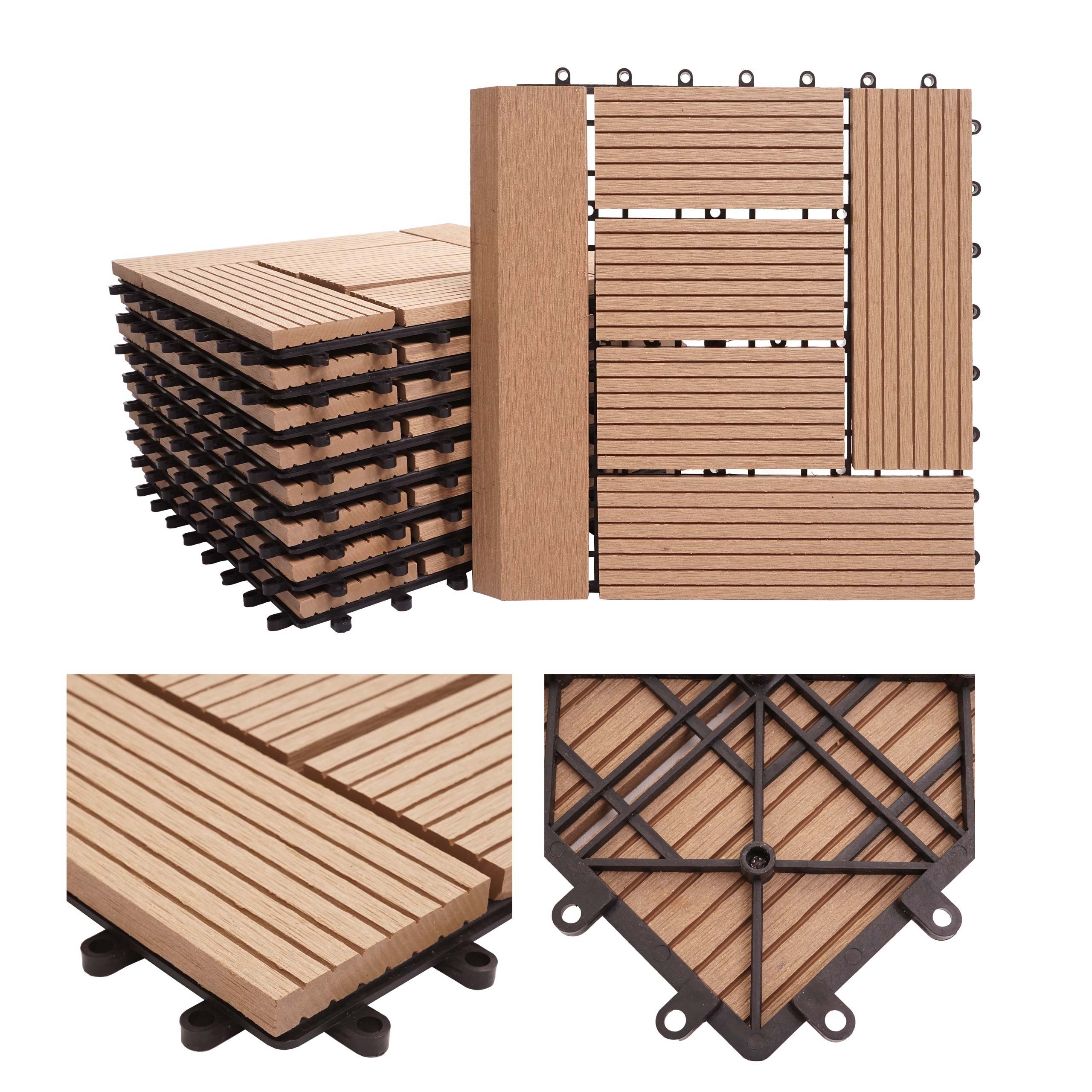 WPC Bodenfliese Sarthe + Abschluss, Holzoptik Balkon/Terrasse, 11x je 30x30cm = 1qm Premium ~ teak versetzt - Bild 1