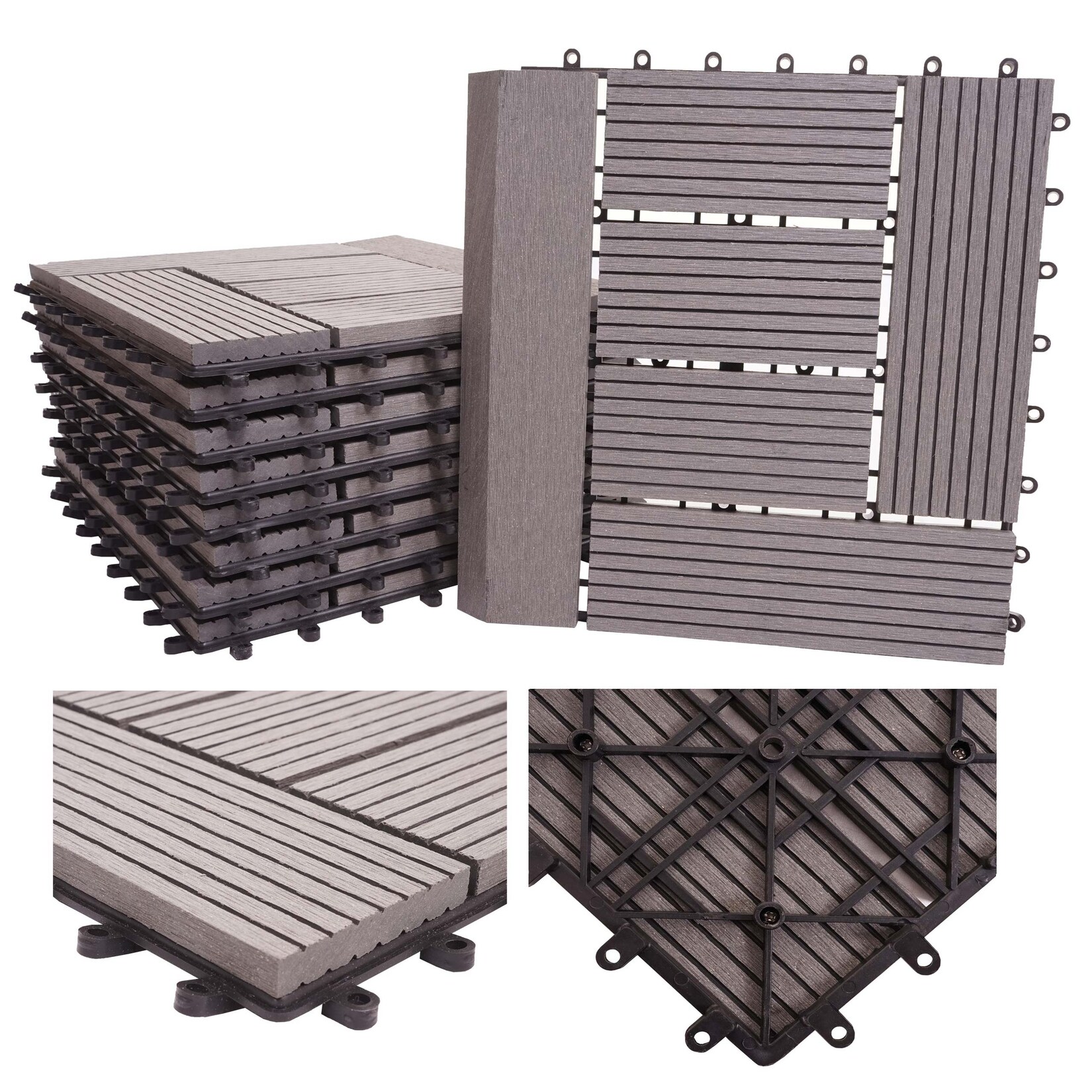 WPC Bodenfliese Sarthe + Abschluss, Holzoptik Balkon/Terrasse, 11x je 30x30cm = 1qm Premium ~ grau versetzt