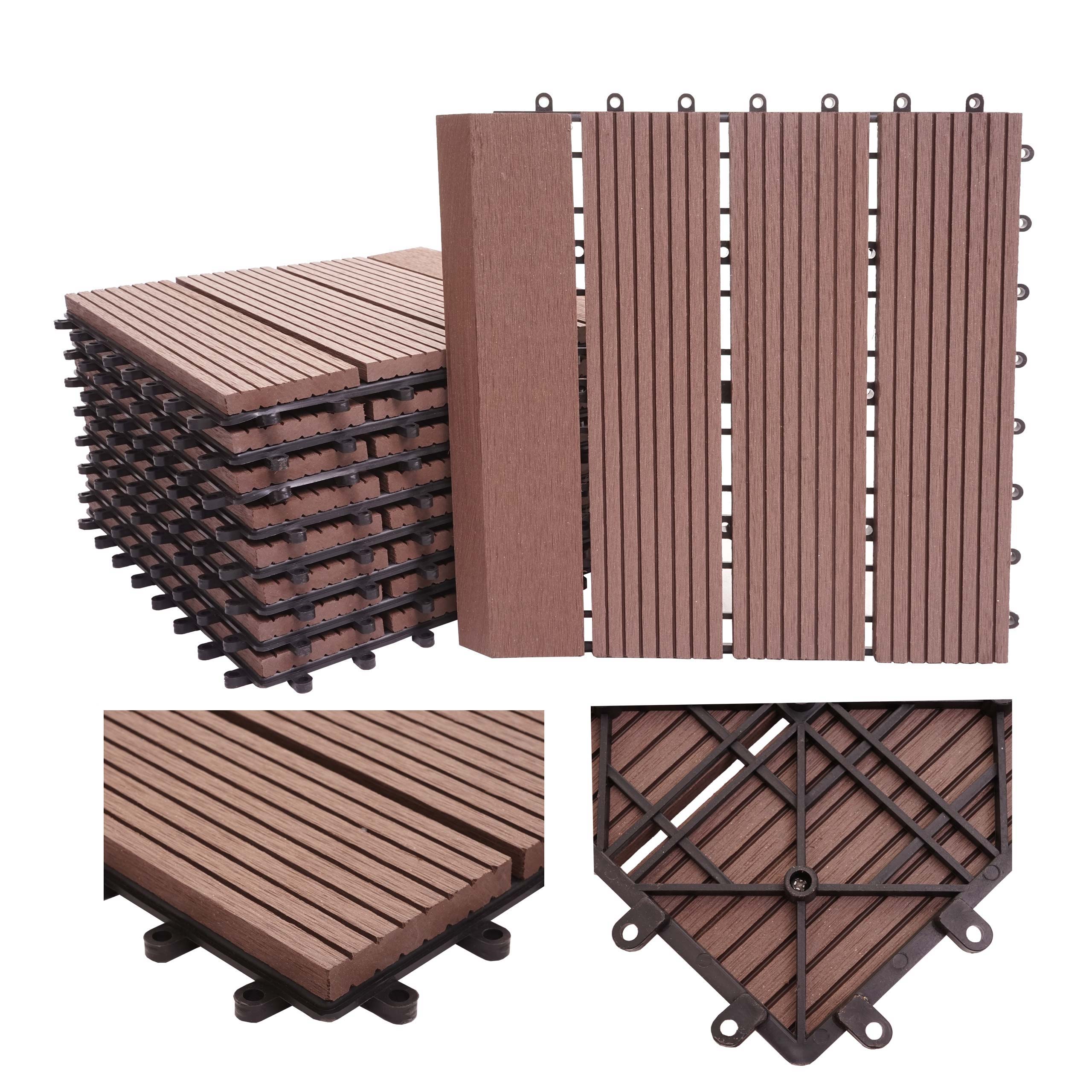 WPC Bodenfliese Sarthe + Abschluss, Holzoptik Balkon/Terrasse, 11x je 30x30cm = 1qm Premium ~ coffee linear senkrecht - Bild 1