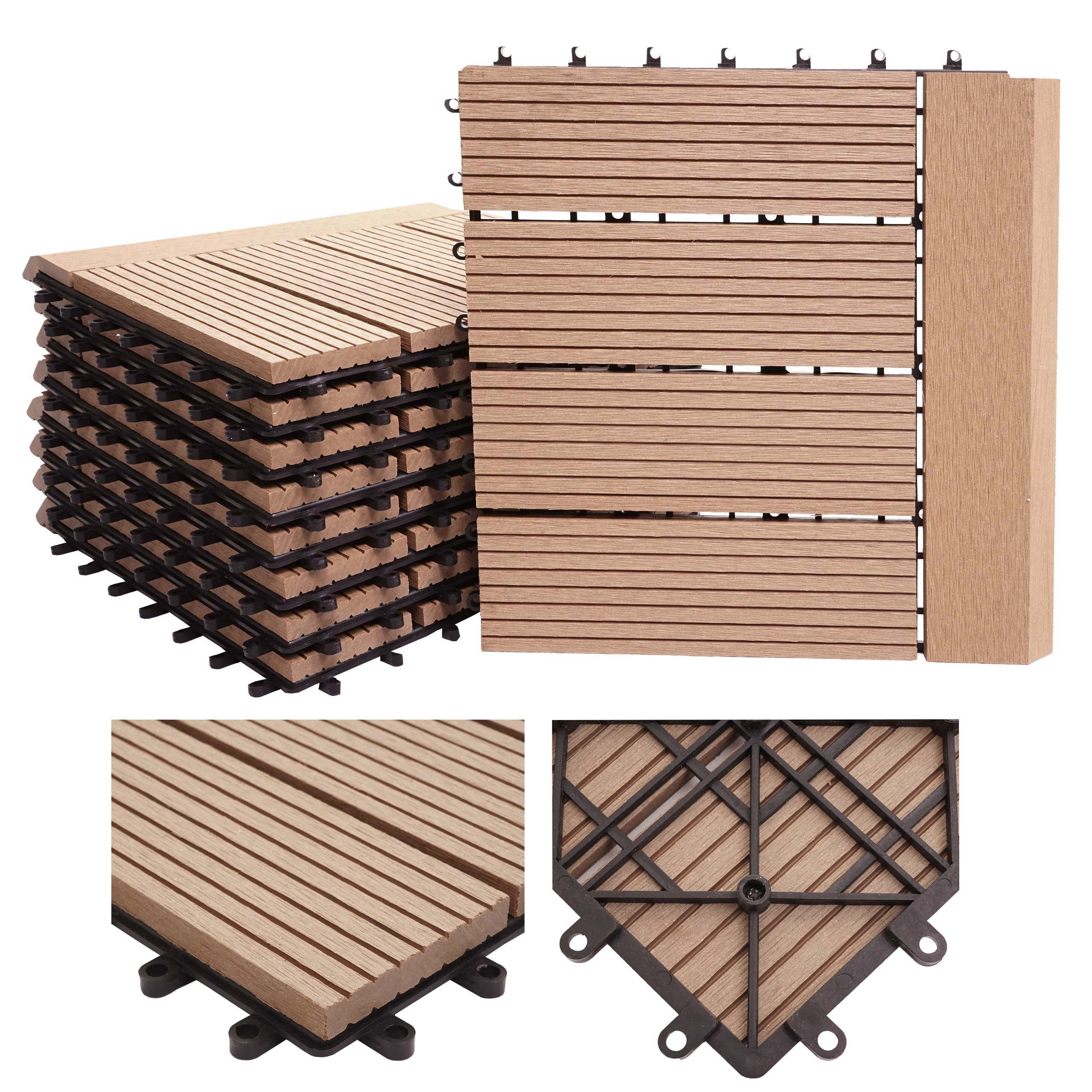WPC Bodenfliese Sarthe + Abschluss, Holzoptik Balkon/Terrasse, 11x je 30x30cm = 1qm Premium ~ teak linear waagrecht - Bild 1