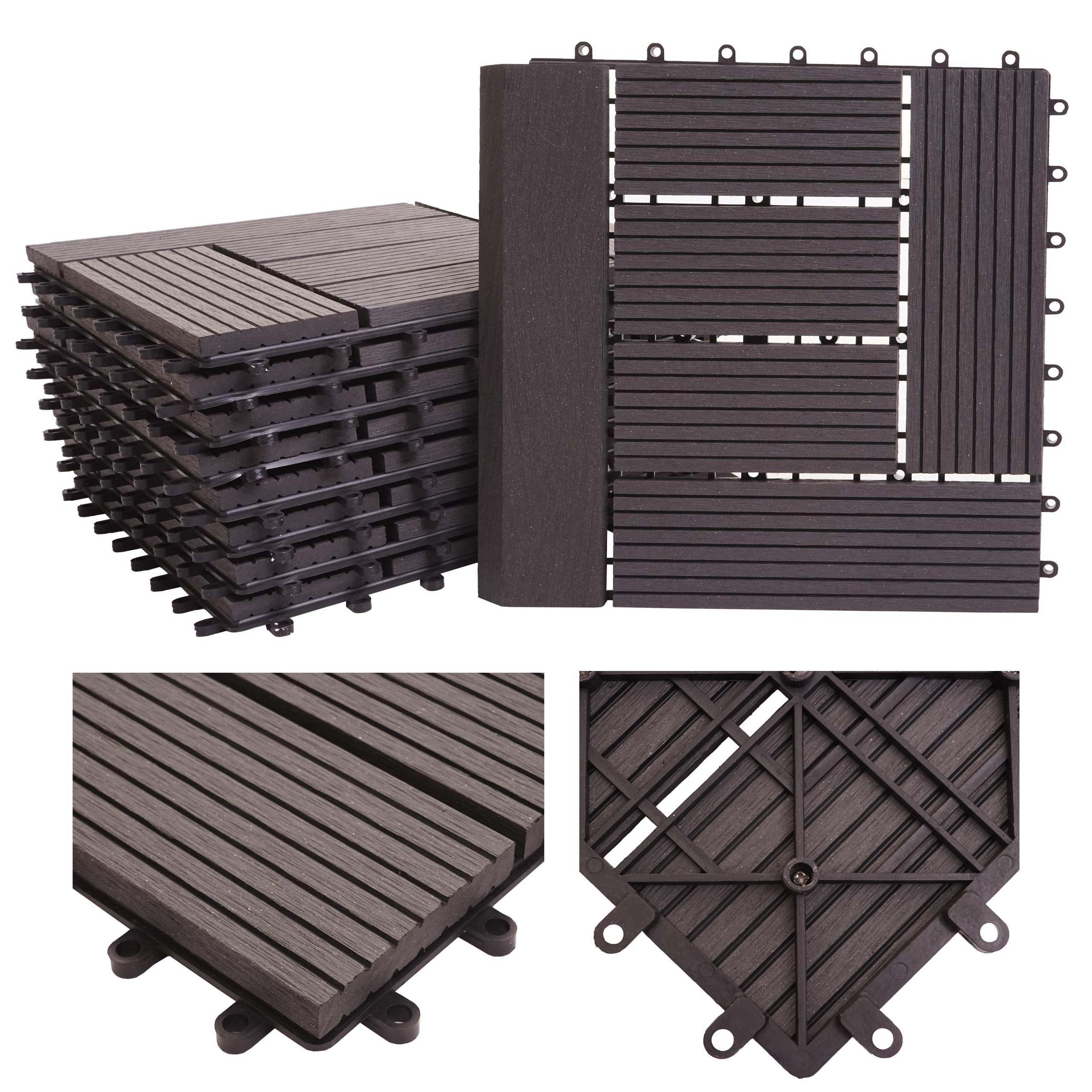 WPC Bodenfliese Sarthe + Abschluss, Holzoptik Balkon/Terrasse, 11x je 30x30cm = 1qm Premium ~ anthrazit versetzt - Bild 1