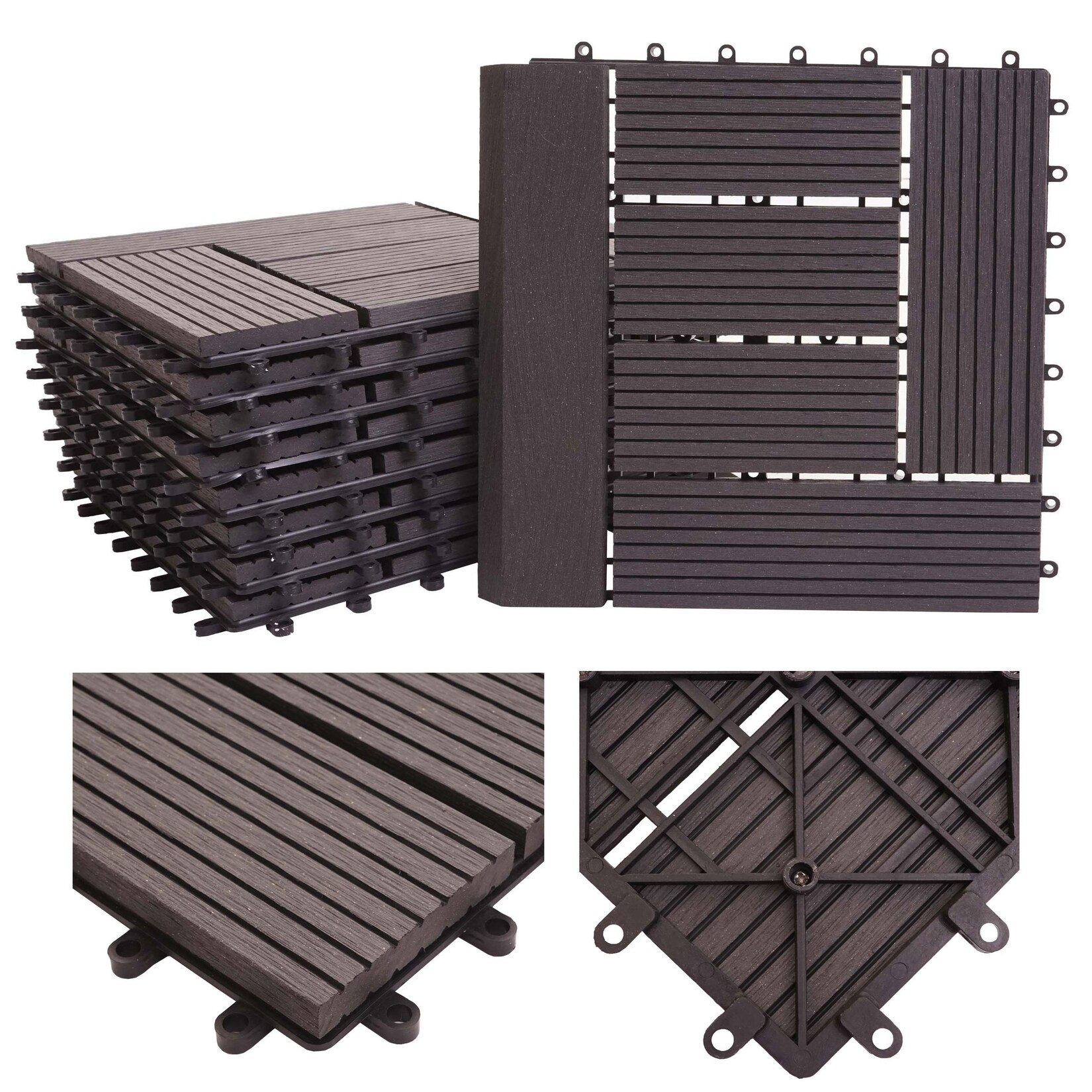 WPC Bodenfliese Sarthe + Abschluss, Holzoptik Balkon/Terrasse, 11x je 30x30cm = 1qm Premium ~ anthrazit versetzt