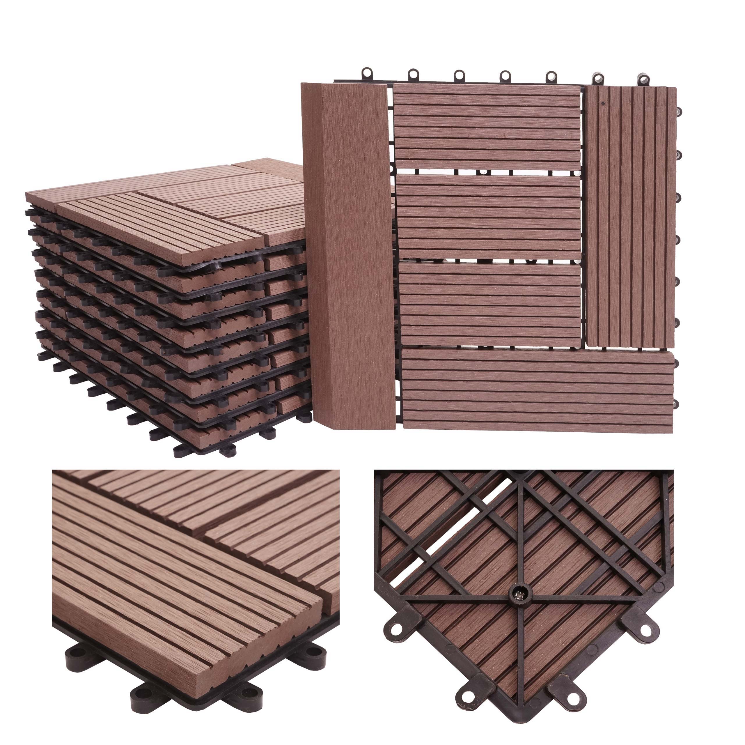 WPC Bodenfliese Sarthe + Abschluss, Holzoptik Balkon/Terrasse, 11x je 30x30cm = 1qm Premium ~ coffee versetzt - Bild 1