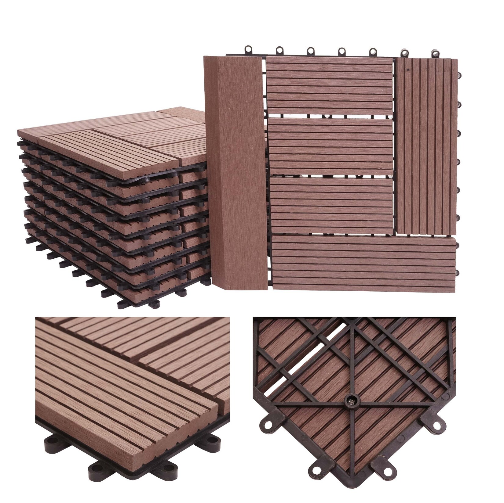WPC Bodenfliese Sarthe + Abschluss, Holzoptik Balkon/Terrasse, 11x je 30x30cm = 1qm Premium ~ coffee versetzt