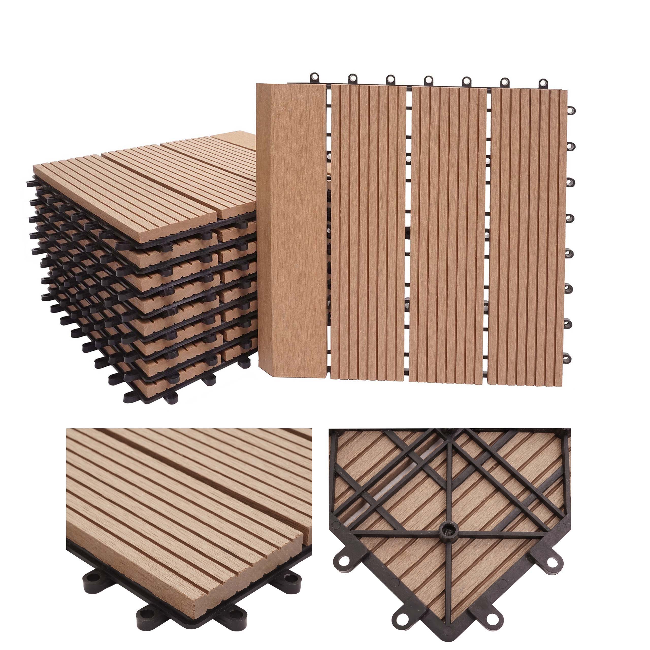 WPC Bodenfliese Sarthe + Abschluss, Holzoptik Balkon/Terrasse, 11x je 30x30cm = 1qm Premium ~ teak linear senkrecht - Bild 1