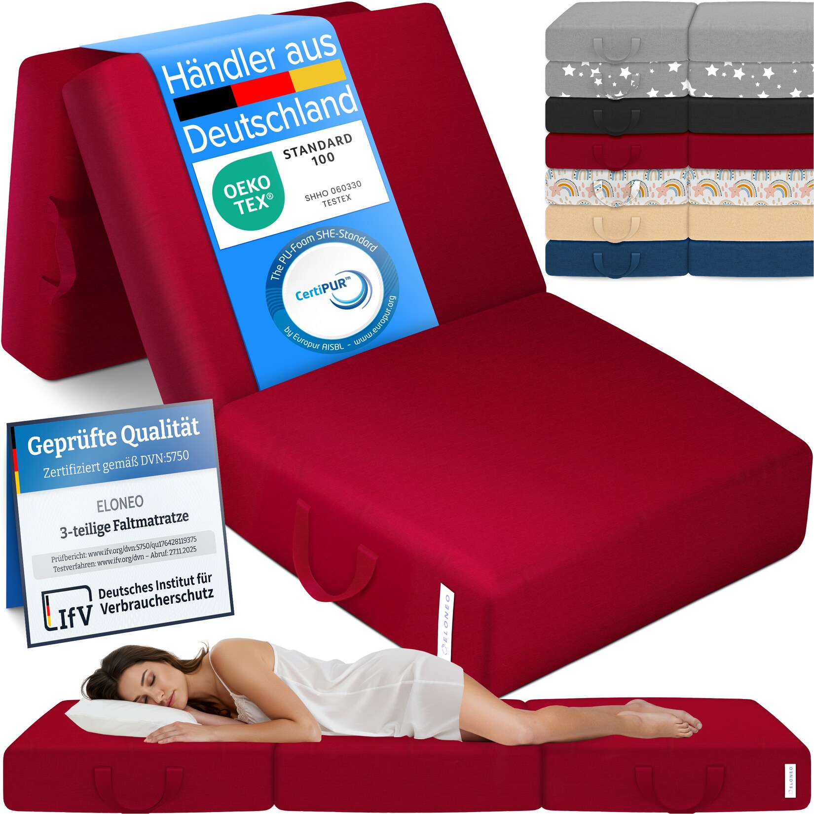 ELONEO Klappmatratze Gästematratze, 90x200x15 cm, rot