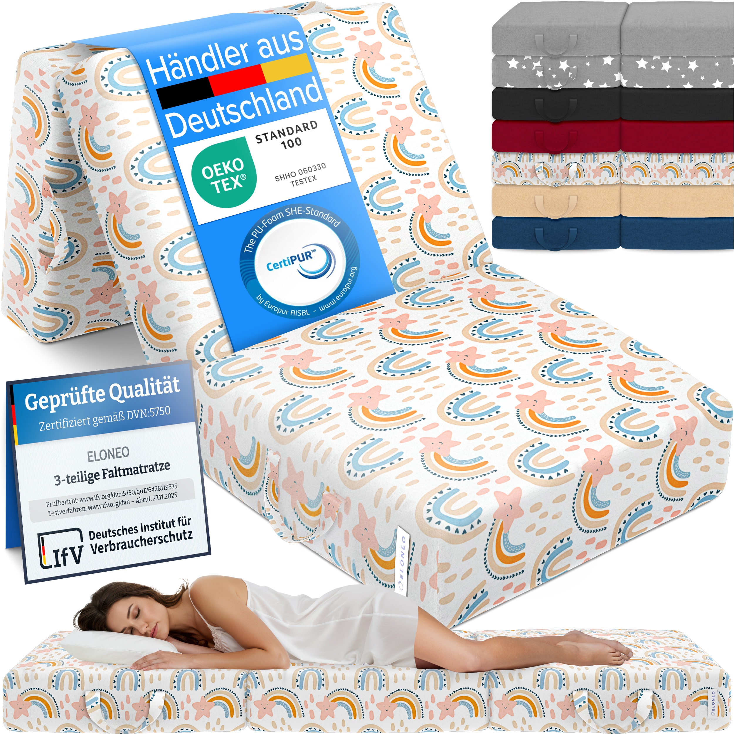 ELONEO Klappmatratze G&auml;stematratze faltbar, 90x195x15 cm, Regenbogen - Bild 1