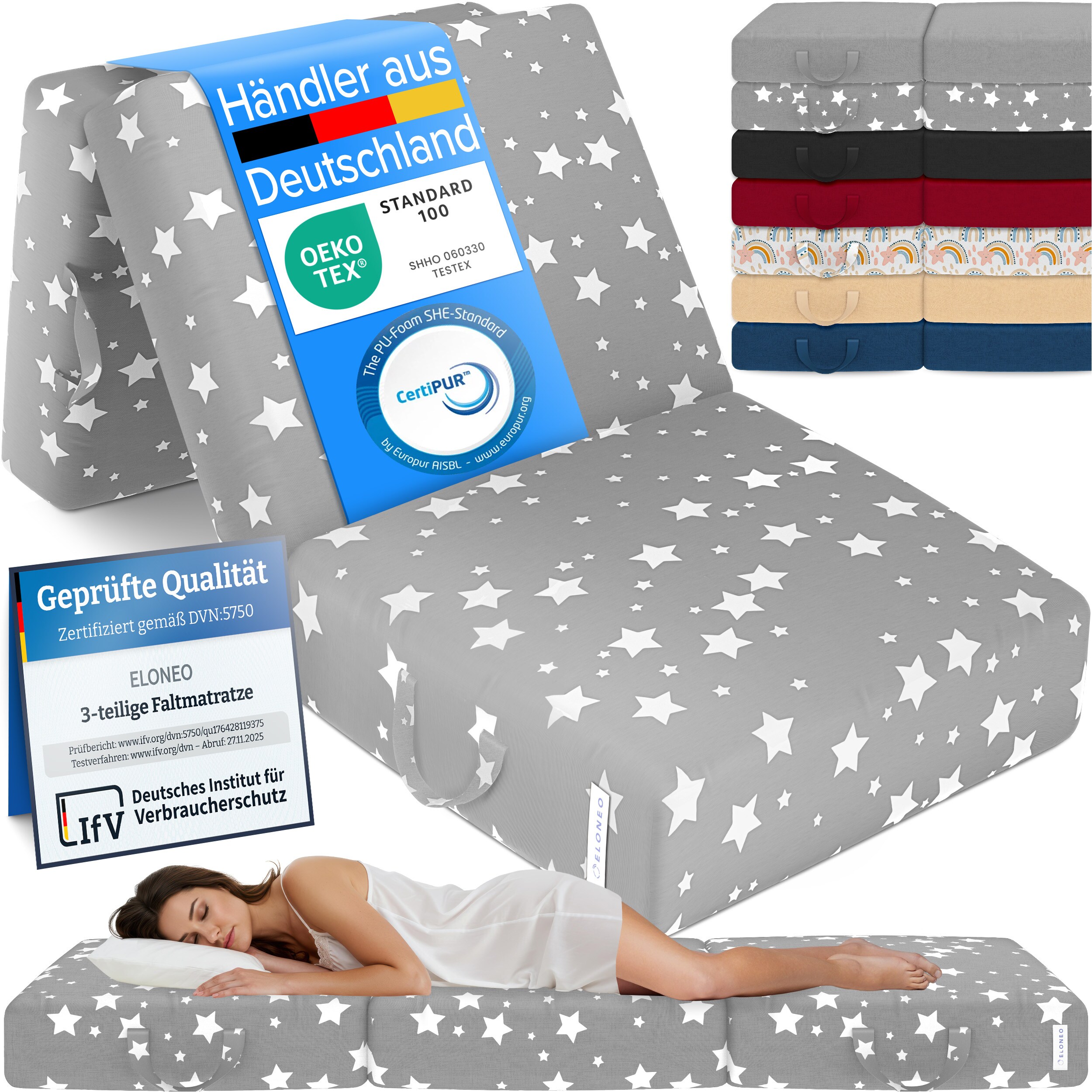 ELONEO Klappmatratze G&auml;stematratze, 90x200x15 cm, Sterne Grau - Bild 1