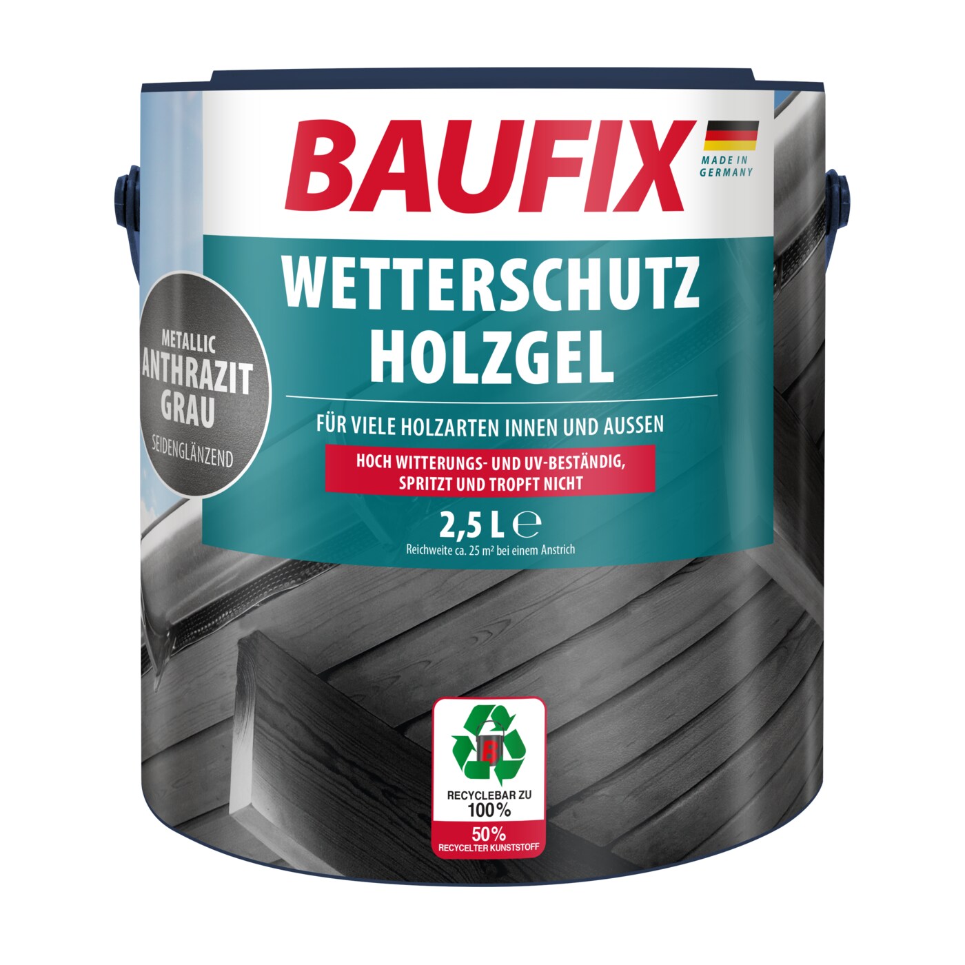 BAUFIX Metallic Wetterschutz-Holzgel anthrazitgrau seidenglänzend, 2.5 Liter, Holzlasur | 04014505071874
